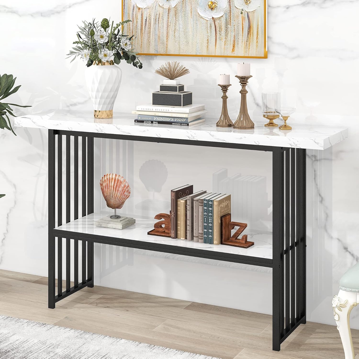 63 Inch Console Table Extra Long Entryway Table with 2 Storage Shelves Narrow Sofa Table Modern Faux Marble Entry Table with Metal Frame for Living Room,Entryway,Hallway,White & Black