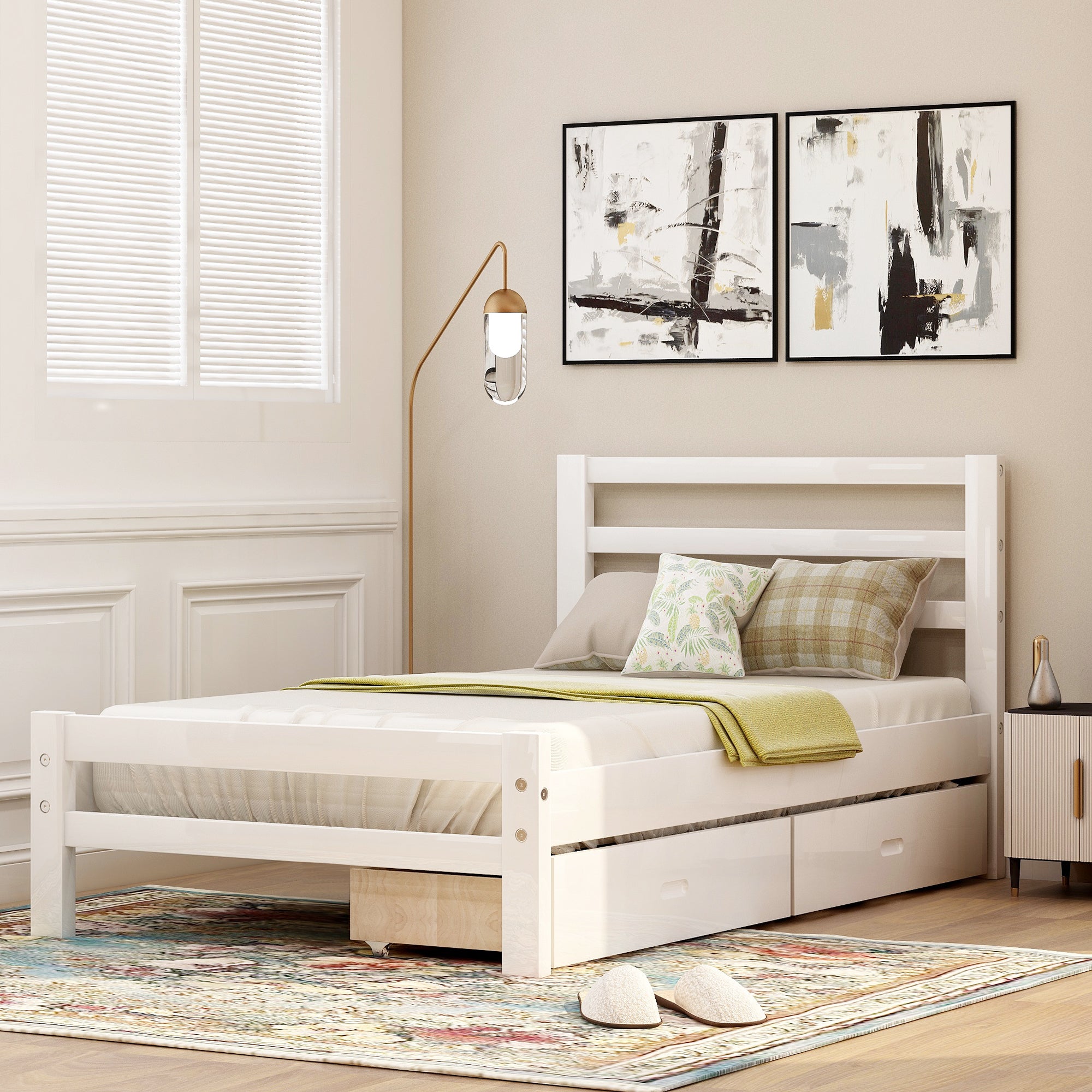 Royard Oaktree Platform Bed With Two Drawers Wood Bed Frame with Headboard and Slats, No Box Spring Needed