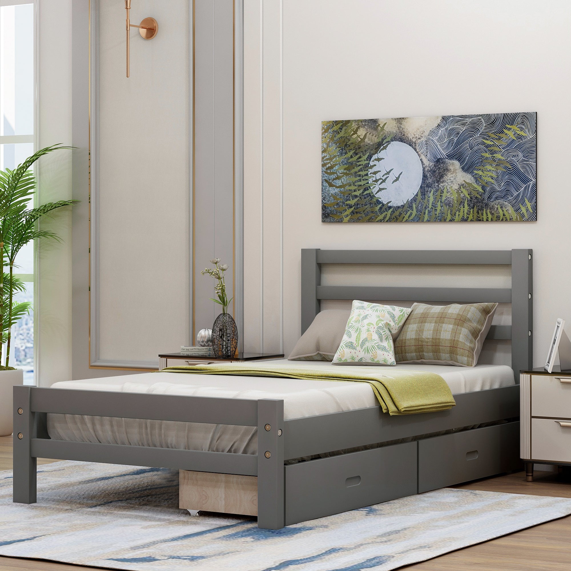 Royard Oaktree Platform Bed With Two Drawers Wood Bed Frame with Headboard and Slats, No Box Spring Needed