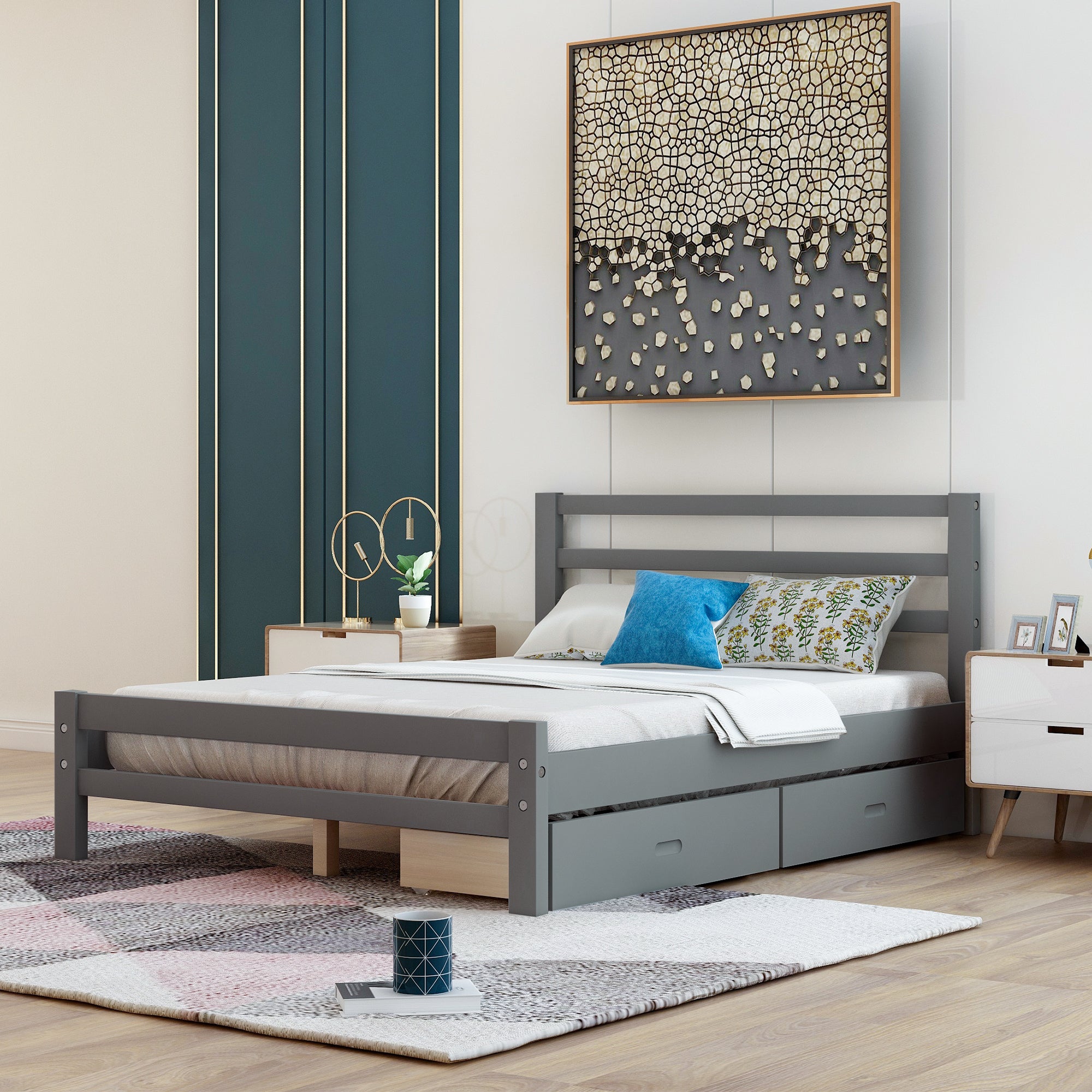 Royard Oaktree Platform Bed With Two Drawers Wood Bed Frame with Headboard and Slats, No Box Spring Needed