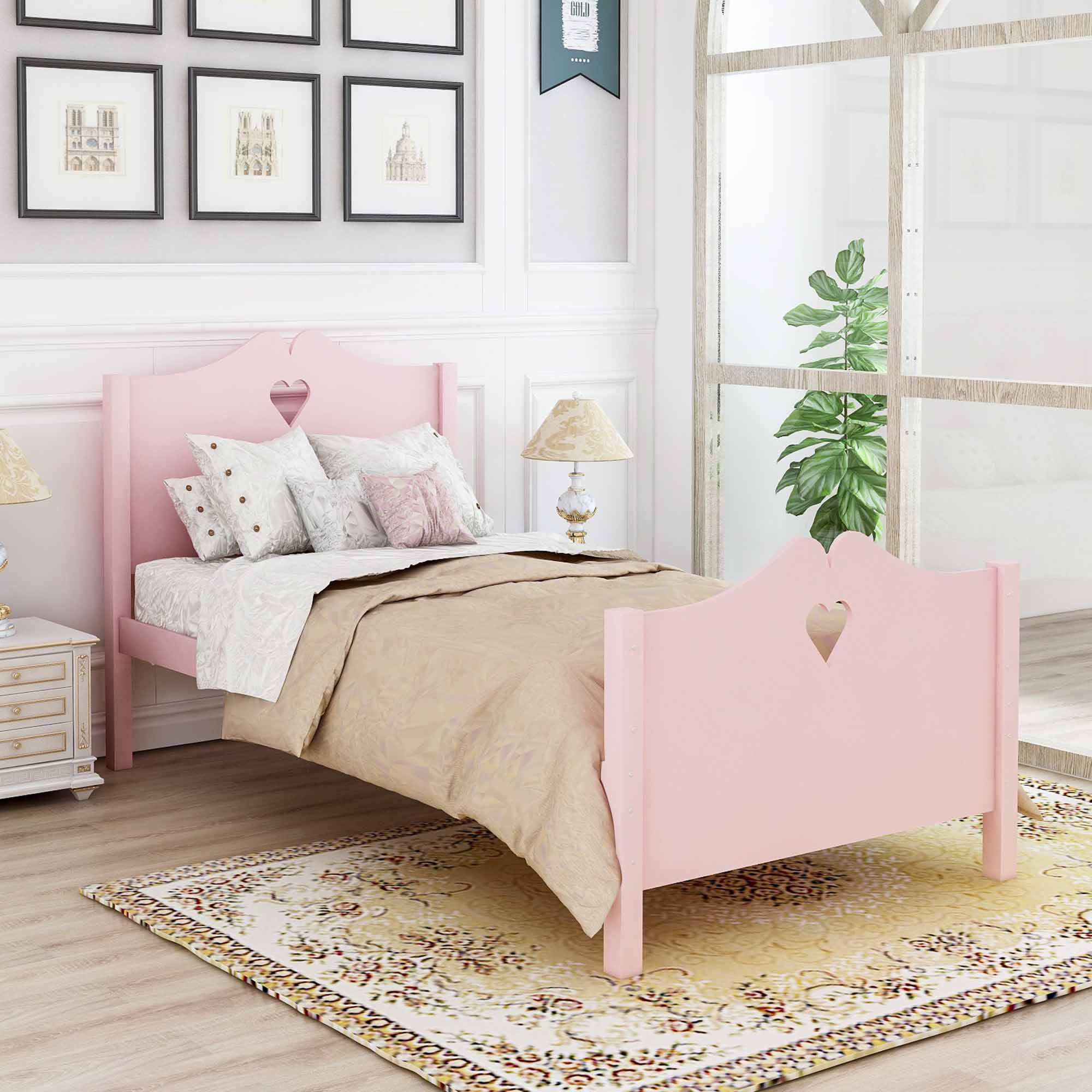 Royard Oaktree Twin Size Platform Bed with Heart-Shape Headboard and Footboard Cute Wood Bed Frame with Slats for Girls