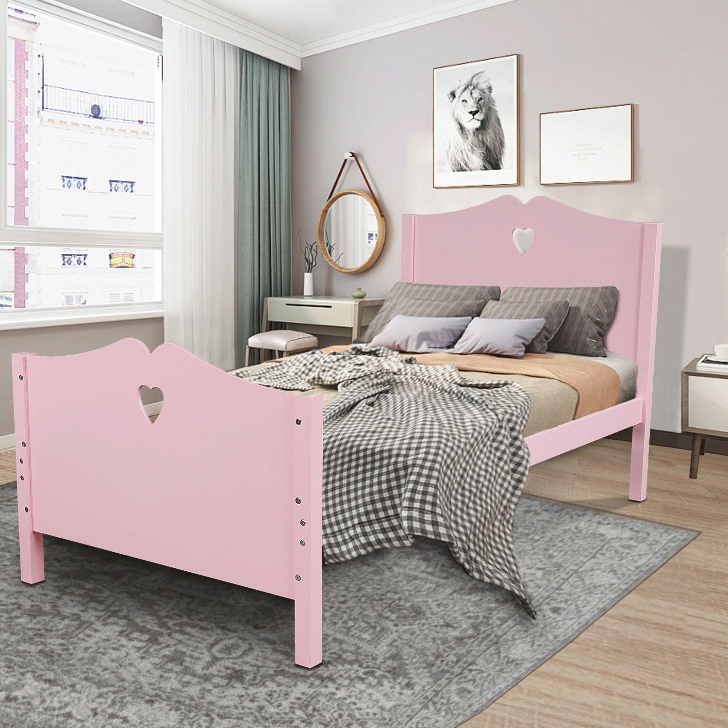 Royard Oaktree Twin Size Platform Bed with Heart-Shape Headboard and Footboard Cute Wood Bed Frame with Slats for Girls