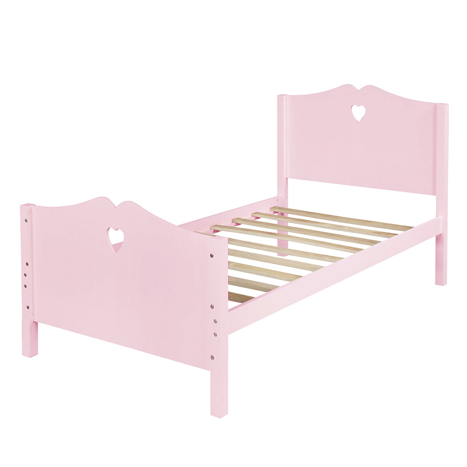 Royard Oaktree Twin Size Platform Bed with Heart-Shape Headboard and Footboard Cute Wood Bed Frame with Slats for Girls