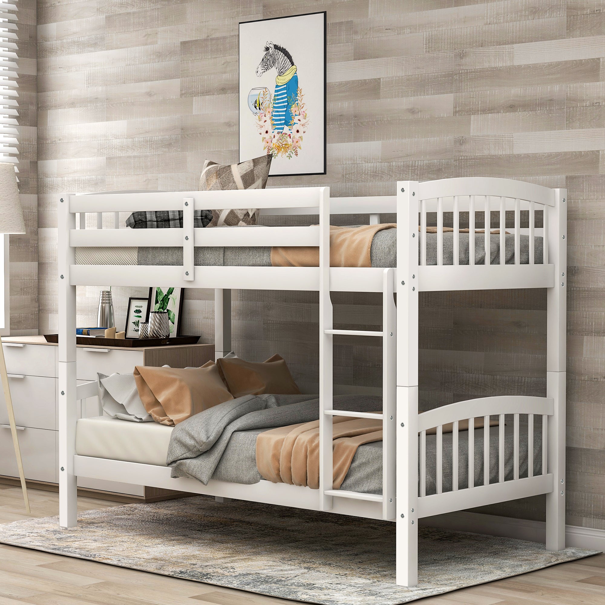 Royard Oaktree Twin Over Twin Bunk Bed with Ladder and Guard Rail Wood Bunk Bed Frame with Headboard and Footboard, Wood Slats, No Box Spring Needed