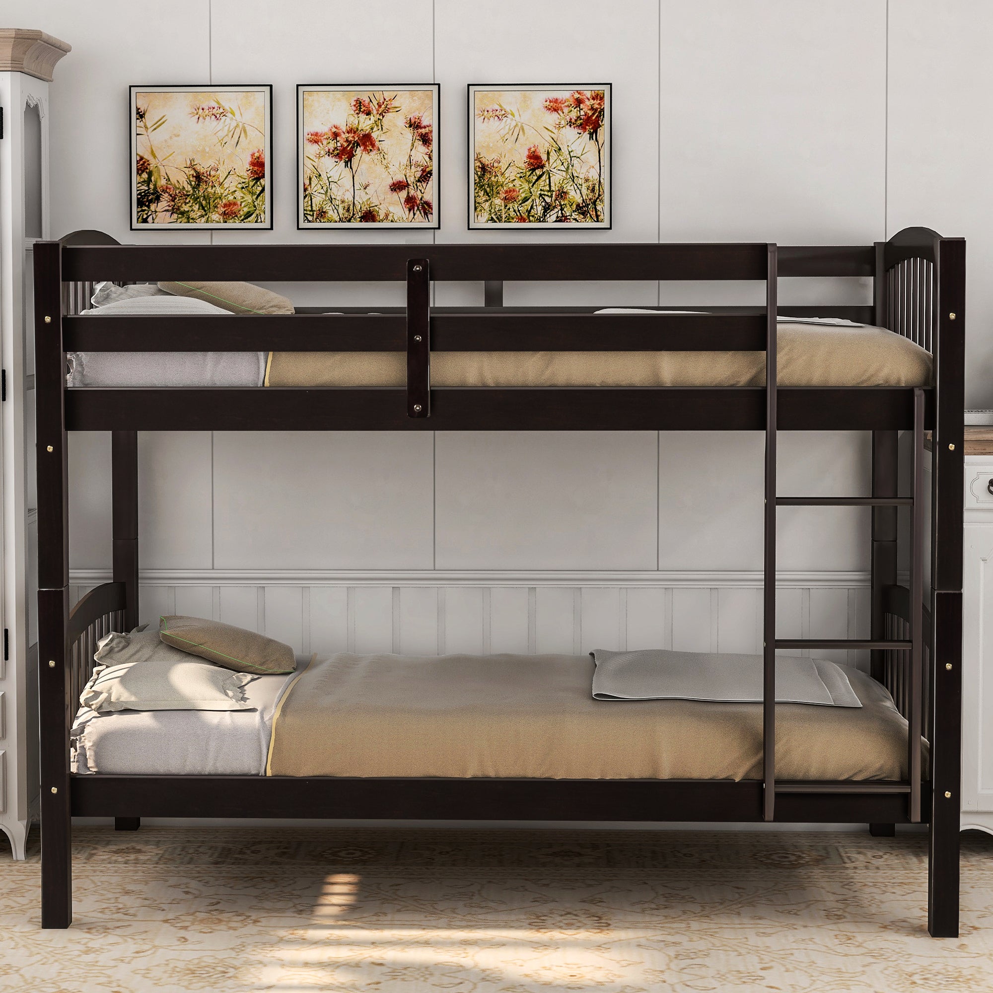 Royard Oaktree Twin Over Twin Bunk Bed with Ladder and Guard Rail Wood Bunk Bed Frame with Headboard and Footboard, Wood Slats, No Box Spring Needed