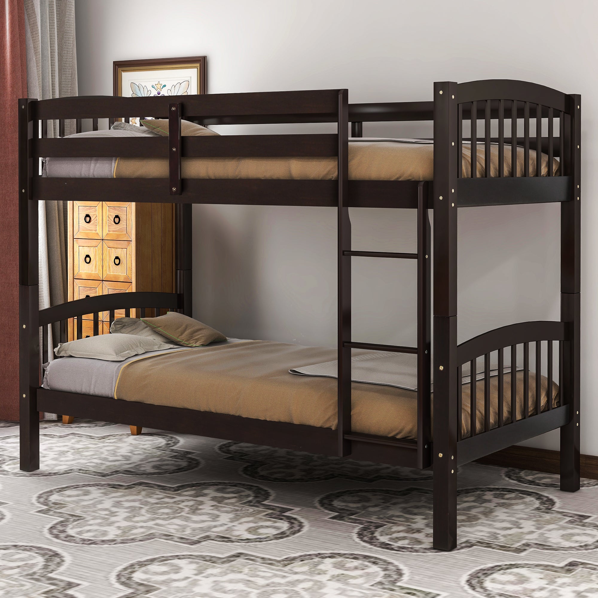 Royard Oaktree Twin Over Twin Bunk Bed with Ladder and Guard Rail Wood Bunk Bed Frame with Headboard and Footboard, Wood Slats, No Box Spring Needed