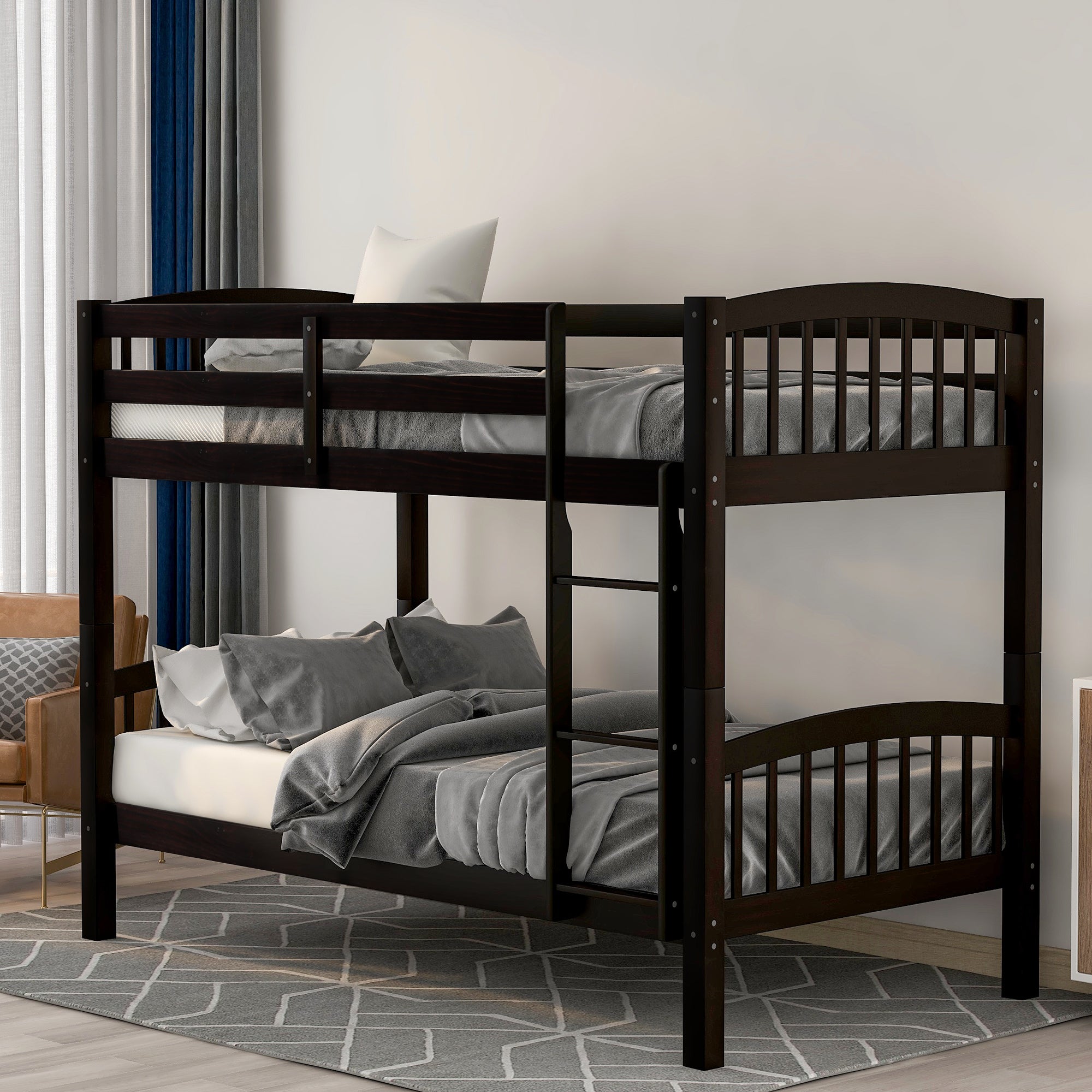 Royard Oaktree Twin Over Twin Bunk Bed with Ladder and Guard Rail Wood Bunk Bed Frame with Headboard and Footboard, Wood Slats, No Box Spring Needed