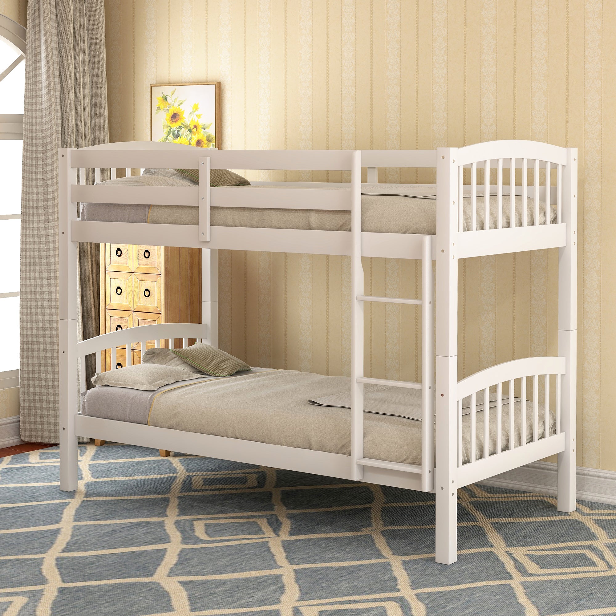 Royard Oaktree Twin Over Twin Bunk Bed with Ladder and Guard Rail Wood Bunk Bed Frame with Headboard and Footboard, Wood Slats, No Box Spring Needed