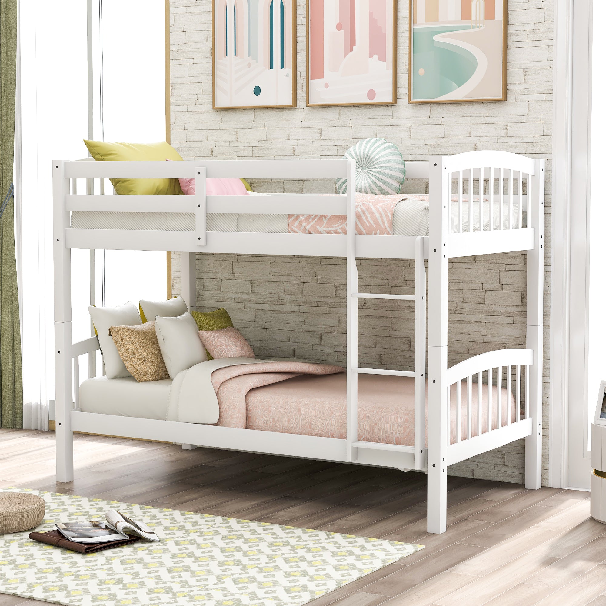 Royard Oaktree Twin Over Twin Bunk Bed with Ladder and Guard Rail Wood Bunk Bed Frame with Headboard and Footboard, Wood Slats, No Box Spring Needed