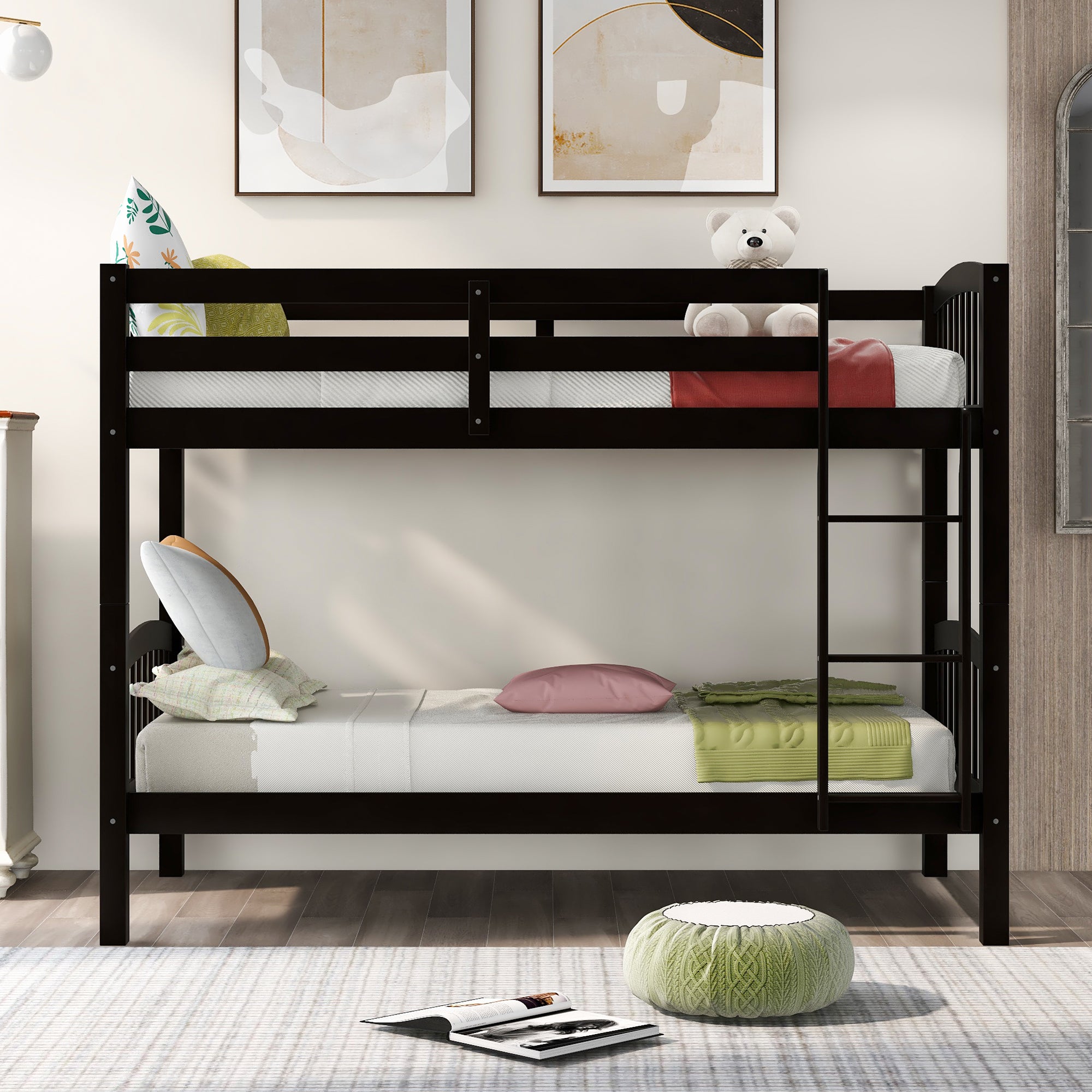 Royard Oaktree Twin Over Twin Bunk Bed with Ladder and Guard Rail Wood Bunk Bed Frame with Headboard and Footboard, Wood Slats, No Box Spring Needed