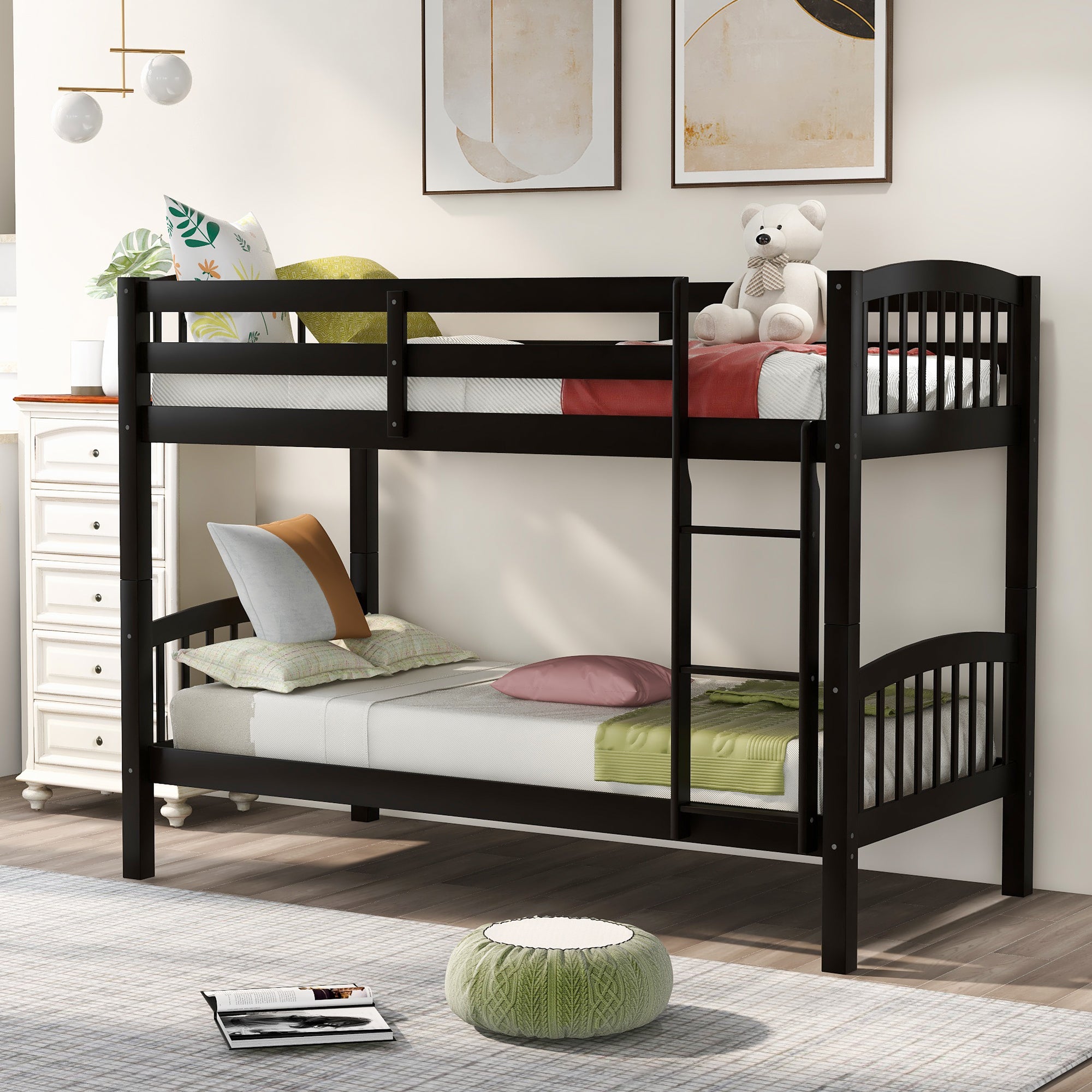 Royard Oaktree Twin Over Twin Bunk Bed with Ladder and Guard Rail Wood Bunk Bed Frame with Headboard and Footboard, Wood Slats, No Box Spring Needed