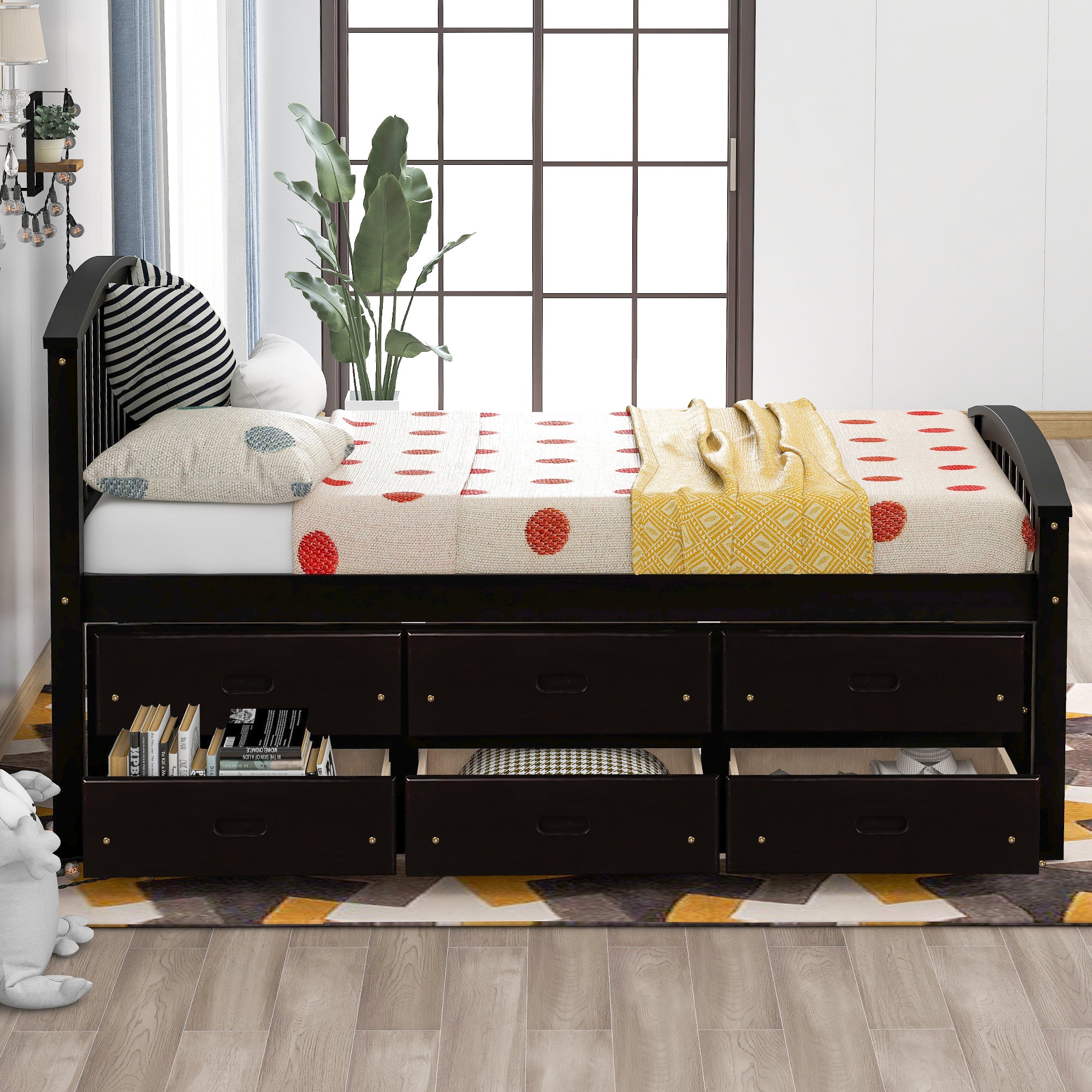 Royard Oaktree Twin Size Platform Bed with 6 Drawers Solid Wood Storage Bed Frame with Headboard and Footboard, No Box Spring Needed