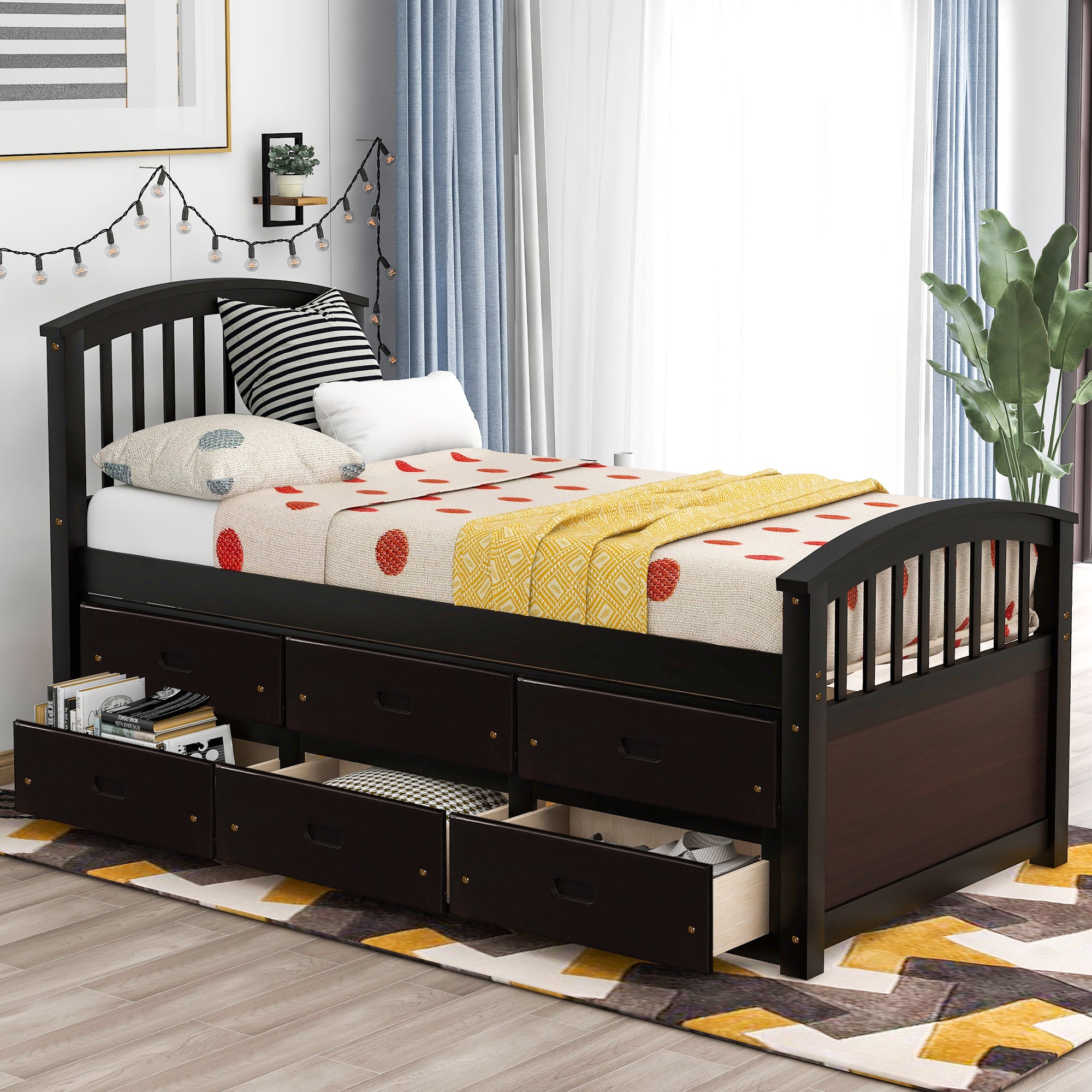 Royard Oaktree Twin Size Platform Bed with 6 Drawers Solid Wood Storage Bed Frame with Headboard and Footboard, No Box Spring Needed