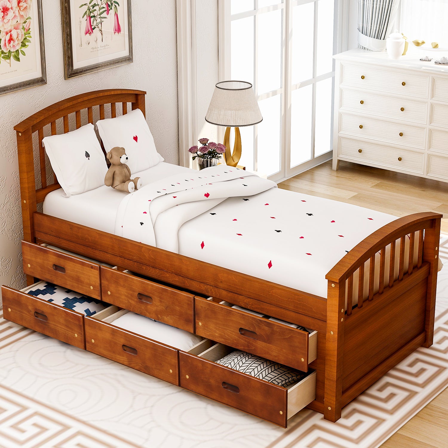 Royard Oaktree Twin Size Platform Bed with 6 Drawers Solid Wood Storage Bed Frame with Headboard and Footboard, No Box Spring Needed