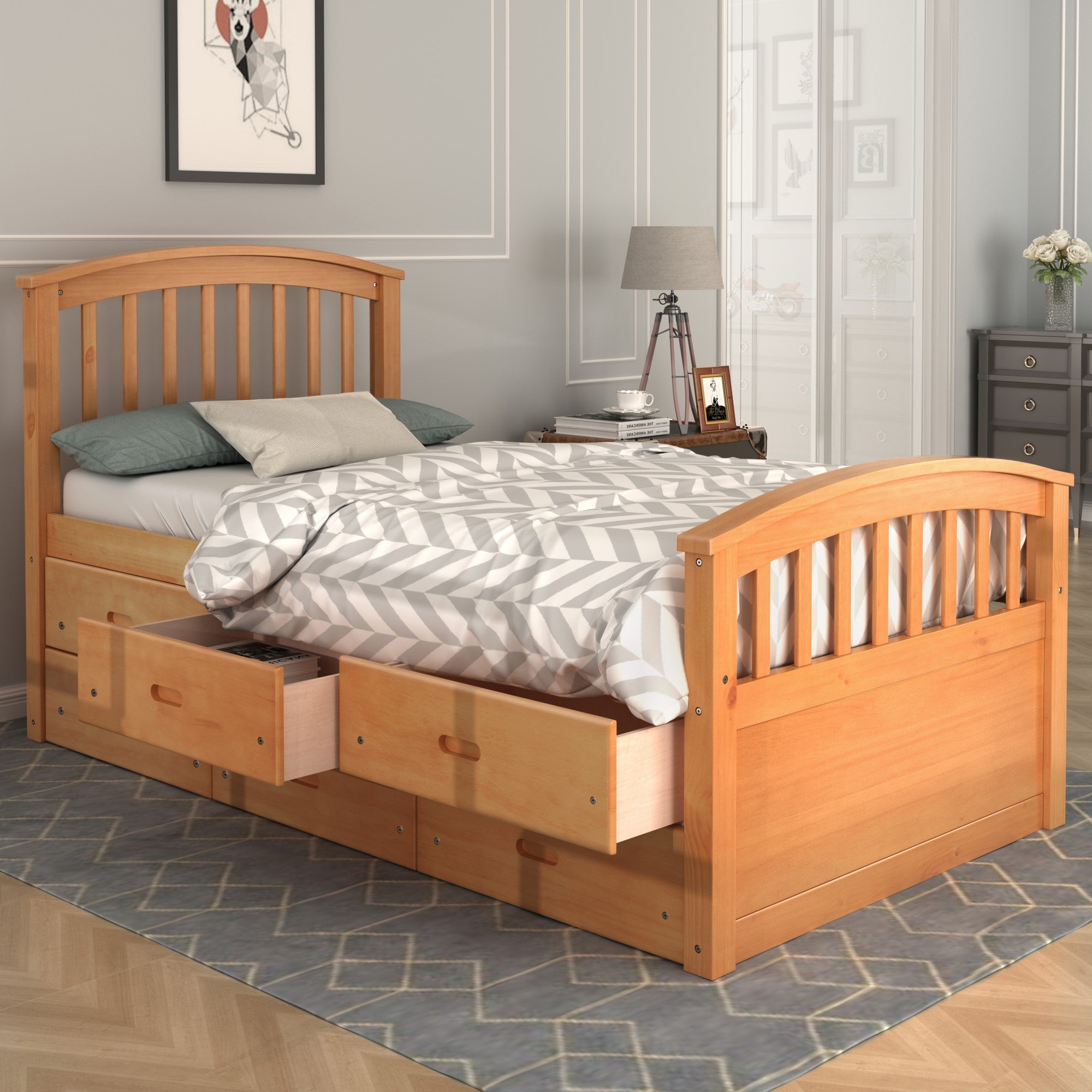 Royard Oaktree Twin Size Platform Bed with 6 Drawers Solid Wood Storage Bed Frame with Headboard and Footboard, No Box Spring Needed