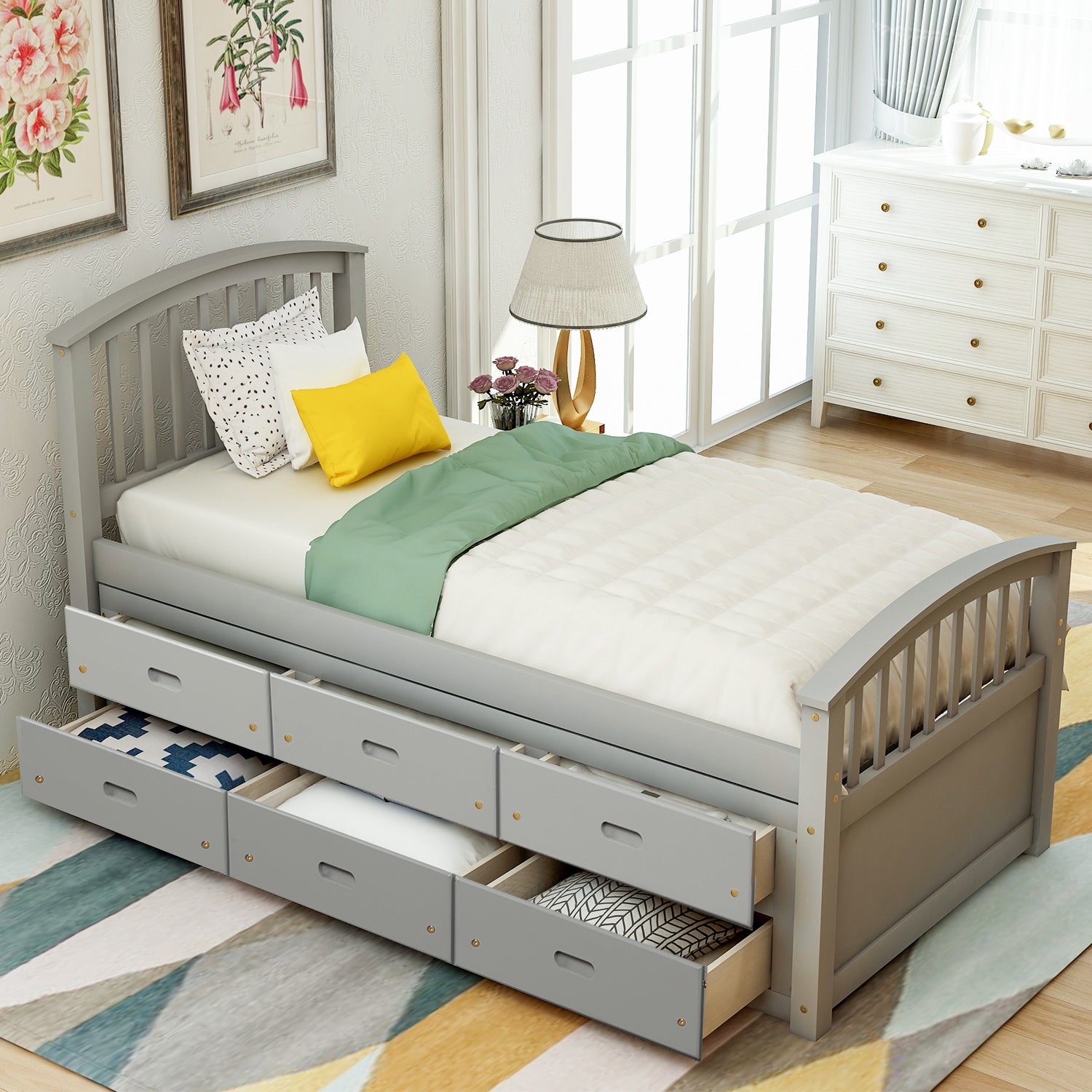 Royard Oaktree Twin Size Platform Bed with 6 Drawers Solid Wood Storage Bed Frame with Headboard and Footboard, No Box Spring Needed