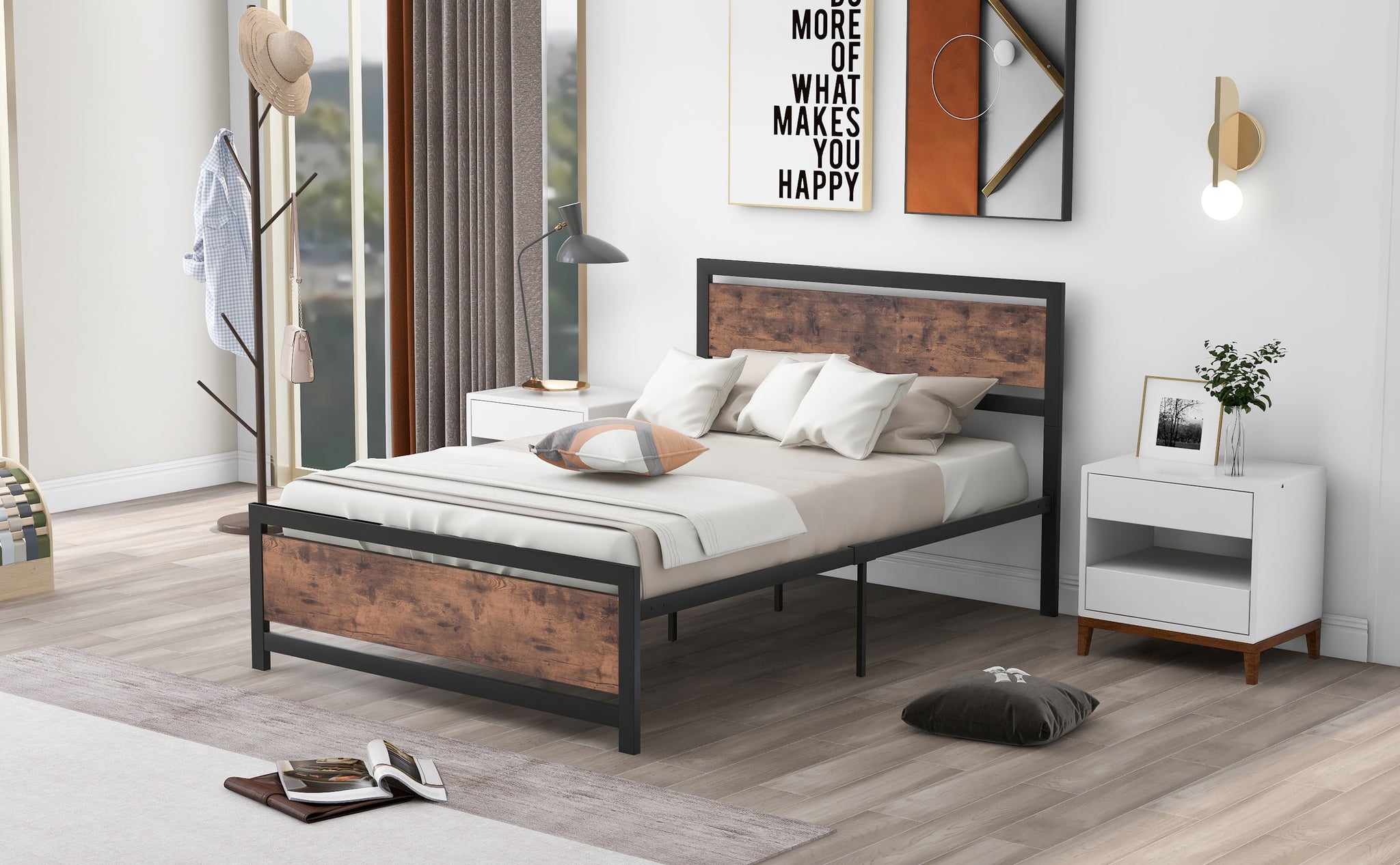 Royard Oaktree Metal and Wood Bed Frame with Headboard and Footboard, Platform Bed, No Box Spring Needed, Easy to Assemble(Black)