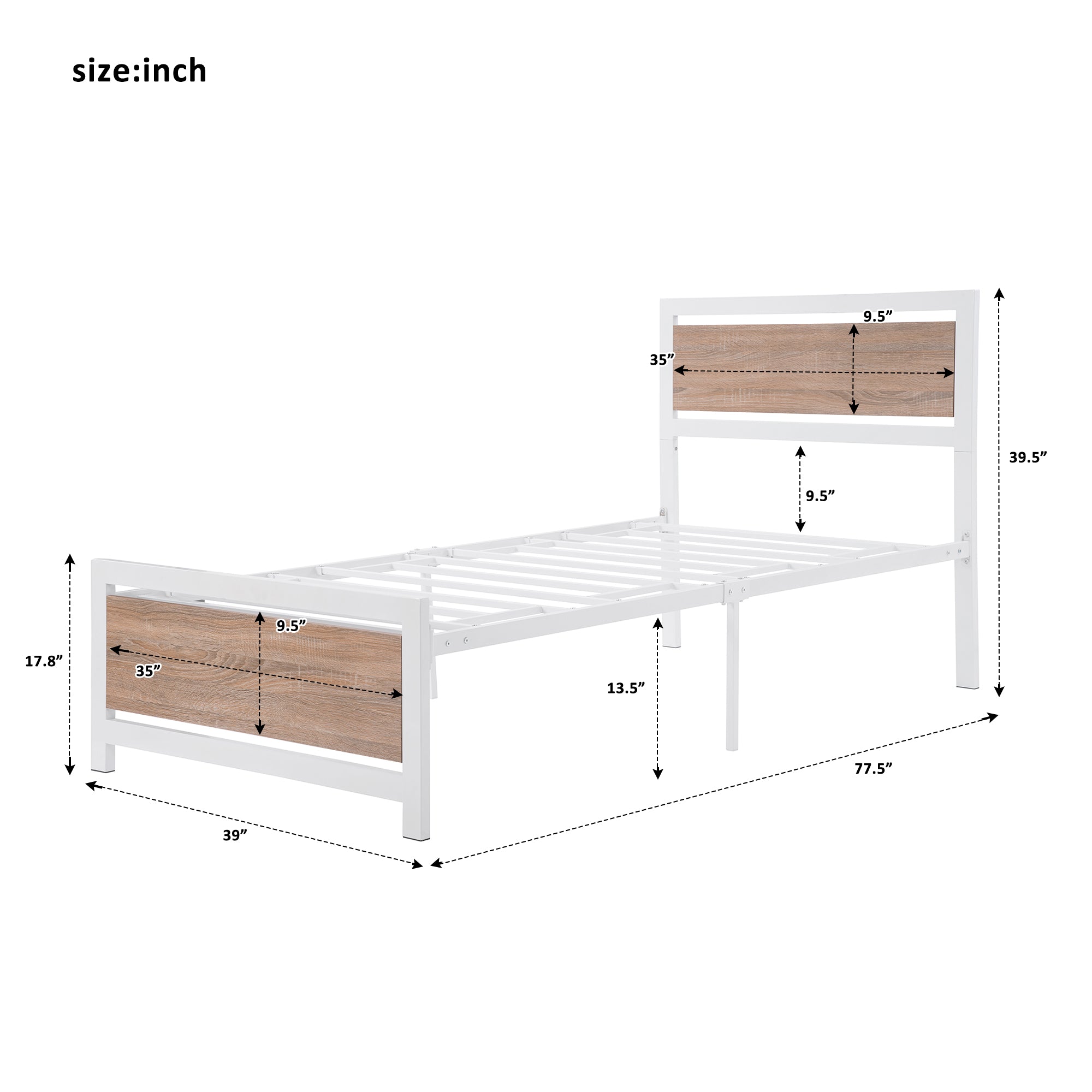 Royard Oaktree Metal and Wood Bed Frame with Headboard and Footboard, Twin Size Platform Bed, No Box Spring Needed, Easy to Assemble(White)