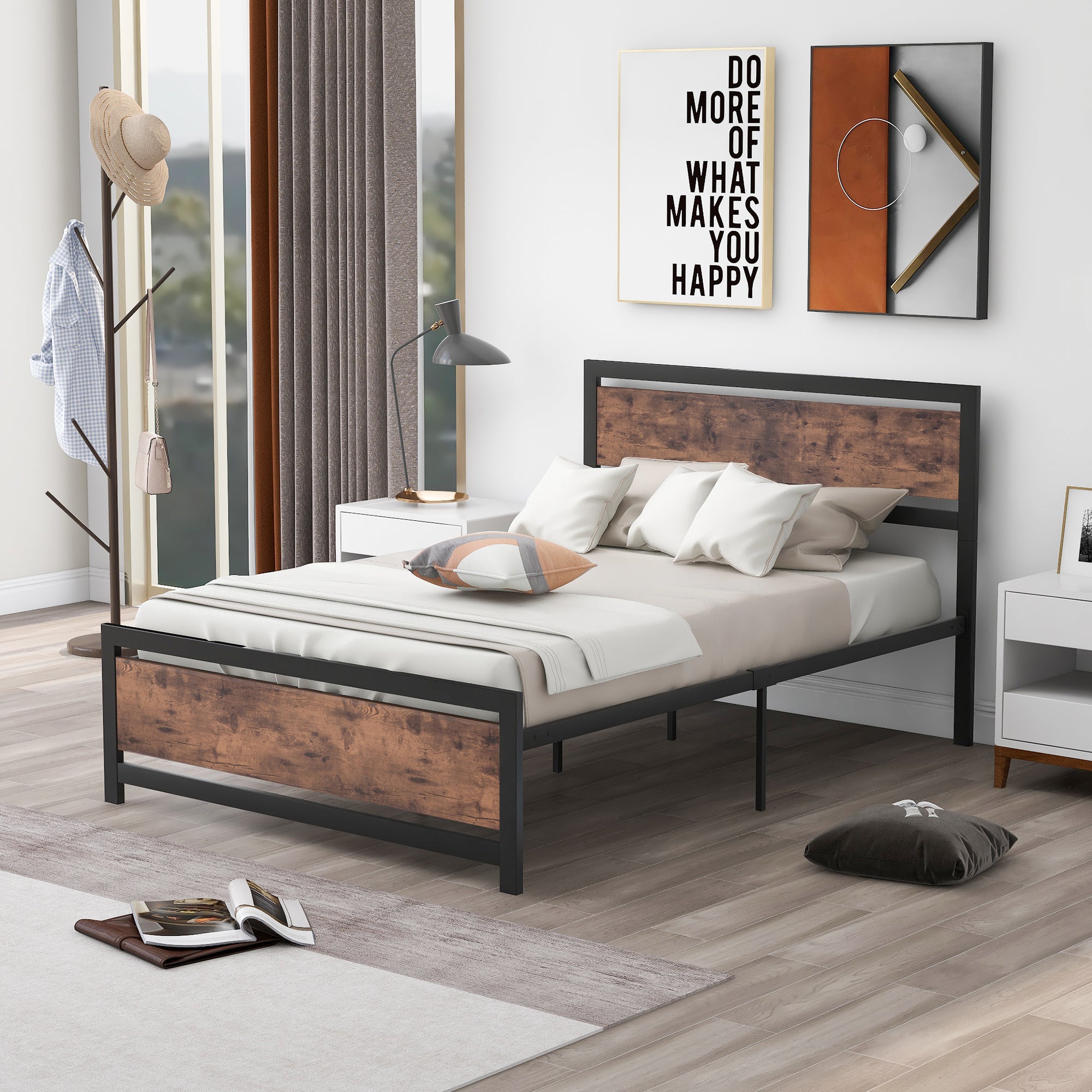 Royard Oaktree Metal and Wood Bed Frame with Headboard and Footboard, Platform Bed, No Box Spring Needed, Easy to Assemble(Black)