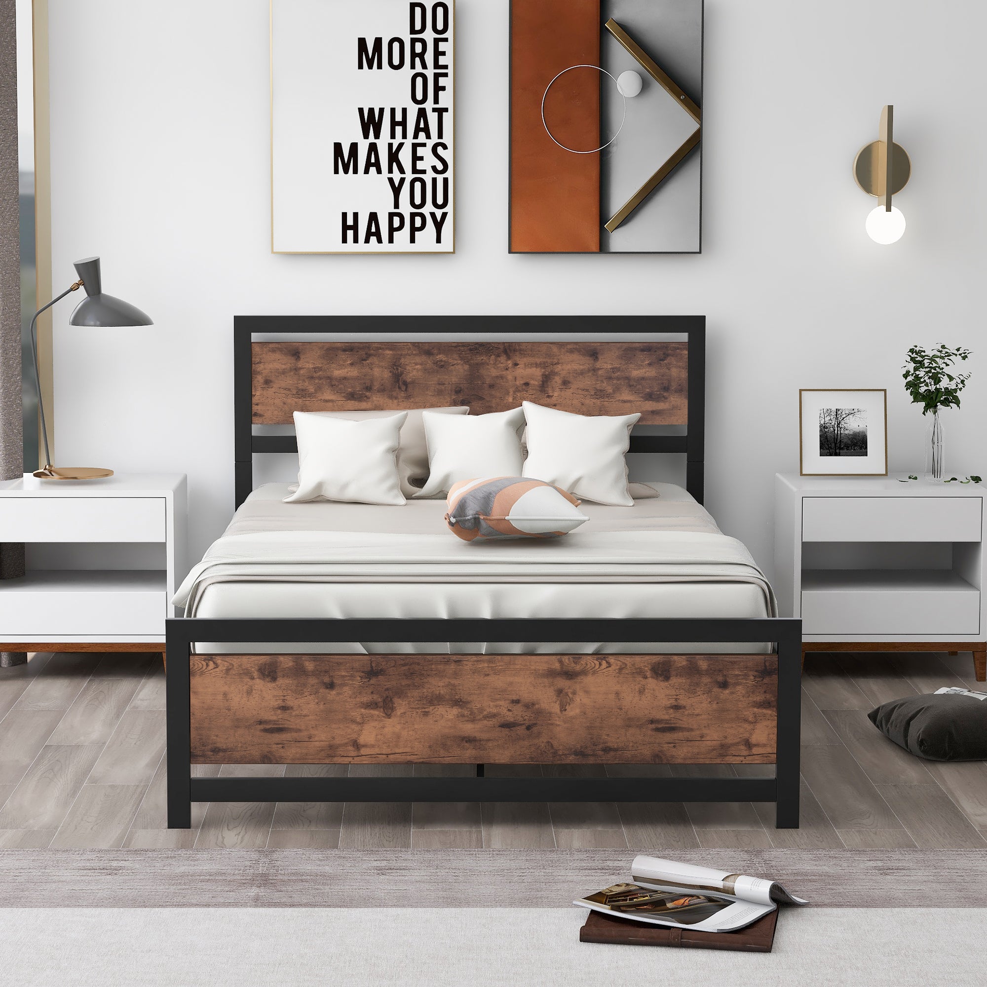 Royard Oaktree Metal and Wood Bed Frame with Headboard and Footboard, Platform Bed, No Box Spring Needed, Easy to Assemble(Black)