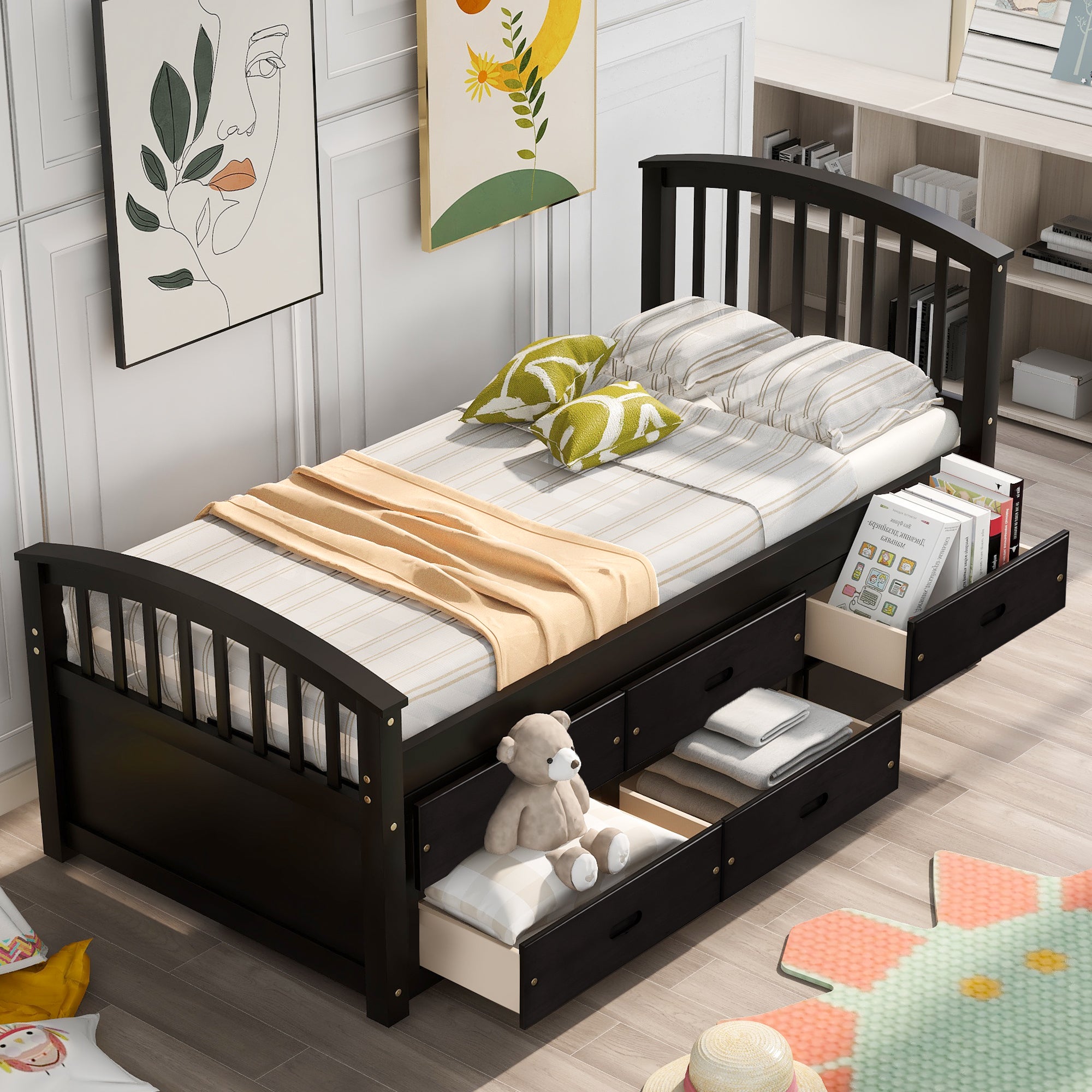 Royard Oaktree Twin Size Platform Bed with 6 Drawers Solid Wood Storage Bed Frame with Headboard and Footboard, No Box Spring Needed