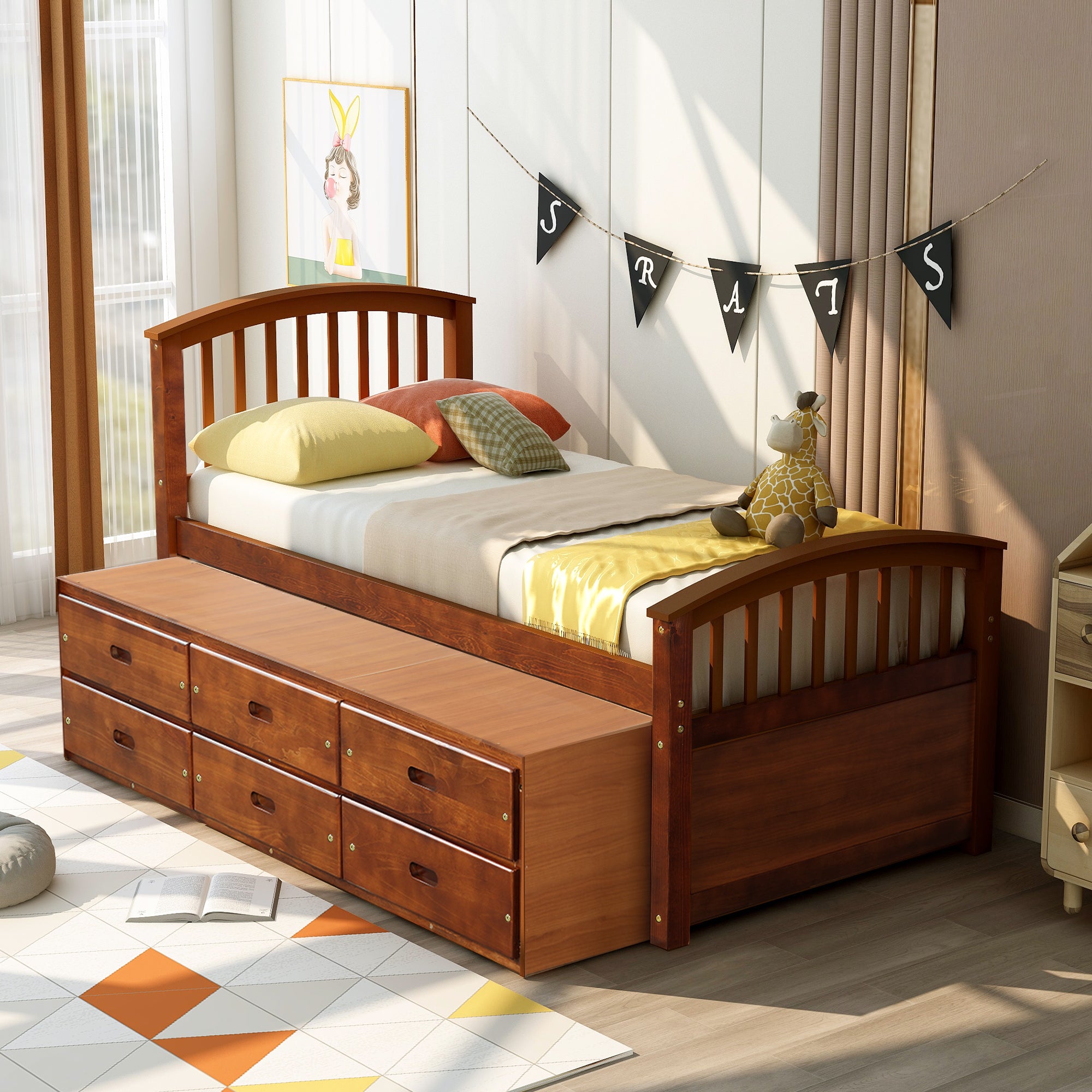 Royard Oaktree Twin Size Platform Bed with 6 Drawers Solid Wood Storage Bed Frame with Headboard and Footboard, No Box Spring Needed