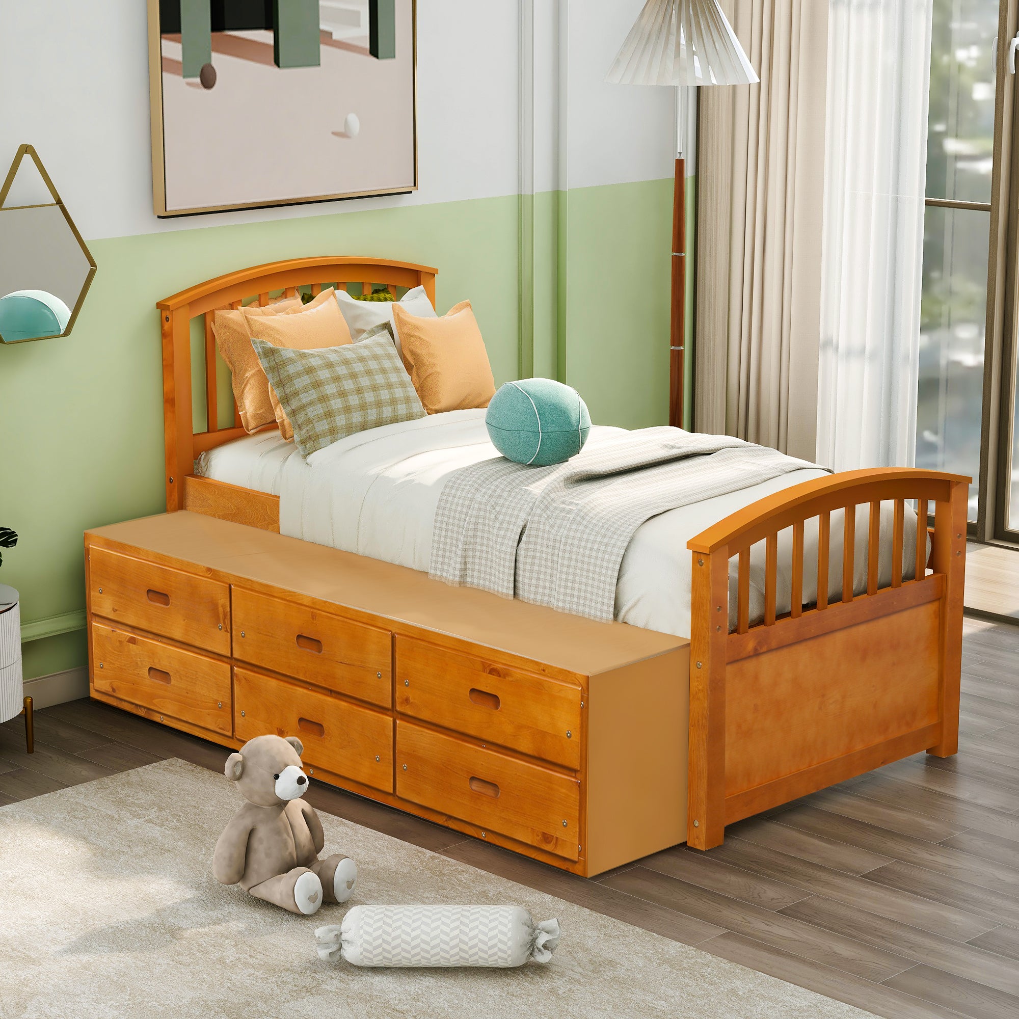 Royard Oaktree Twin Size Platform Bed with 6 Drawers Solid Wood Storage Bed Frame with Headboard and Footboard, No Box Spring Needed