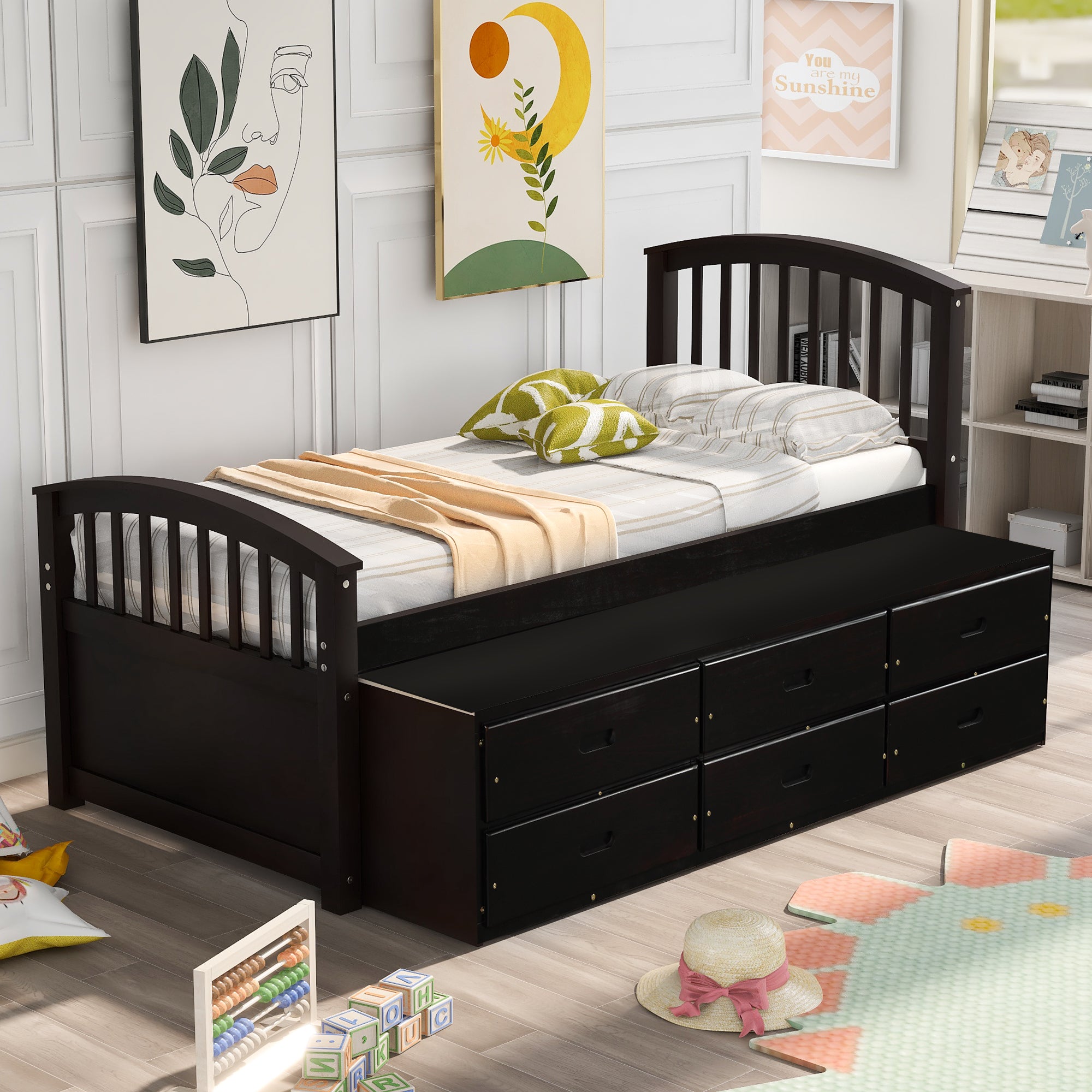 Royard Oaktree Twin Size Platform Bed with 6 Drawers Solid Wood Storage Bed Frame with Headboard and Footboard, No Box Spring Needed