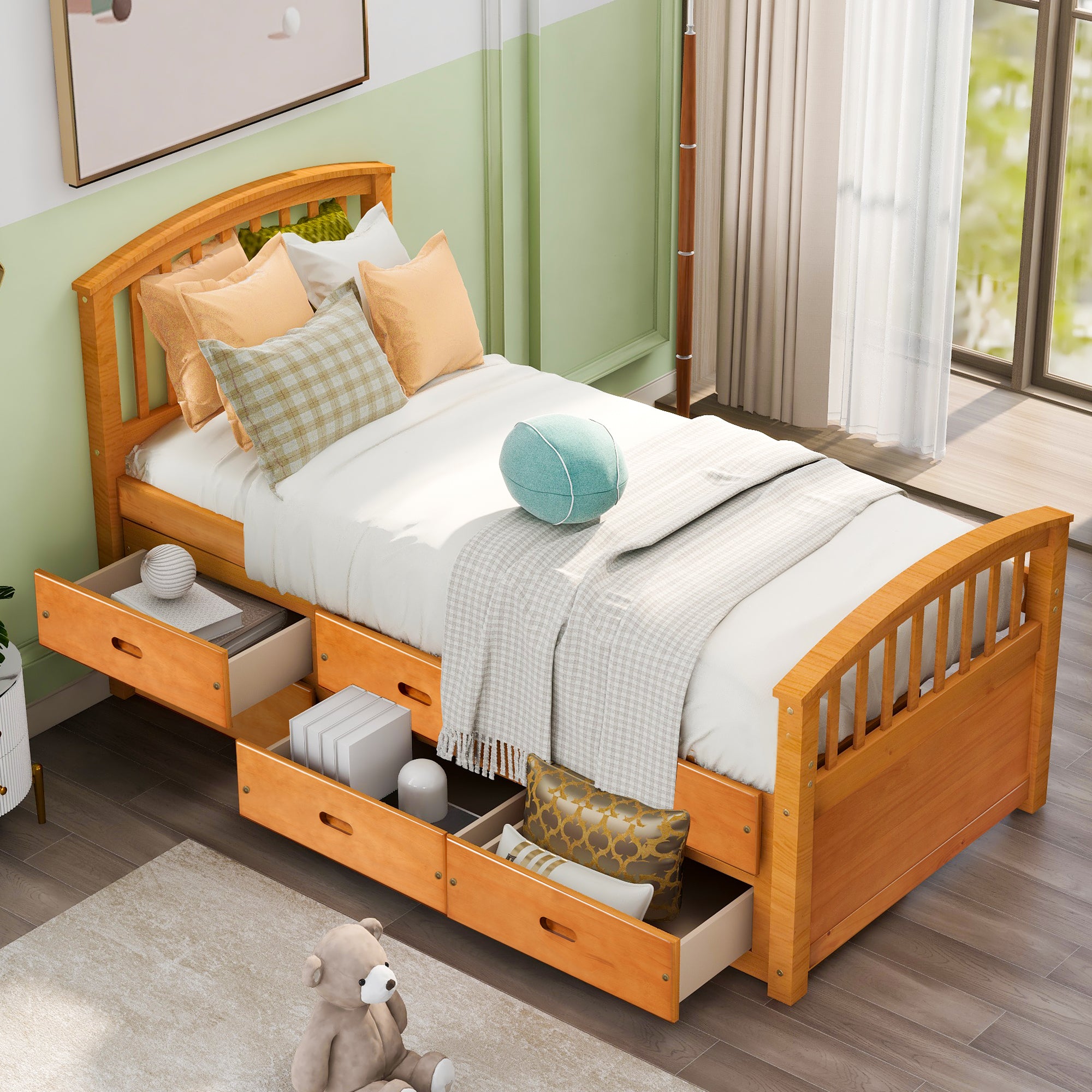 Royard Oaktree Twin Size Platform Bed with 6 Drawers Solid Wood Storage Bed Frame with Headboard and Footboard, No Box Spring Needed