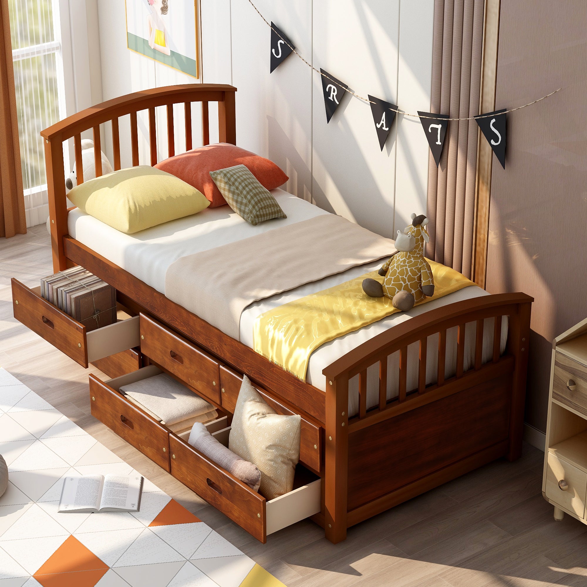 Royard Oaktree Twin Size Platform Bed with 6 Drawers Solid Wood Storage Bed Frame with Headboard and Footboard, No Box Spring Needed