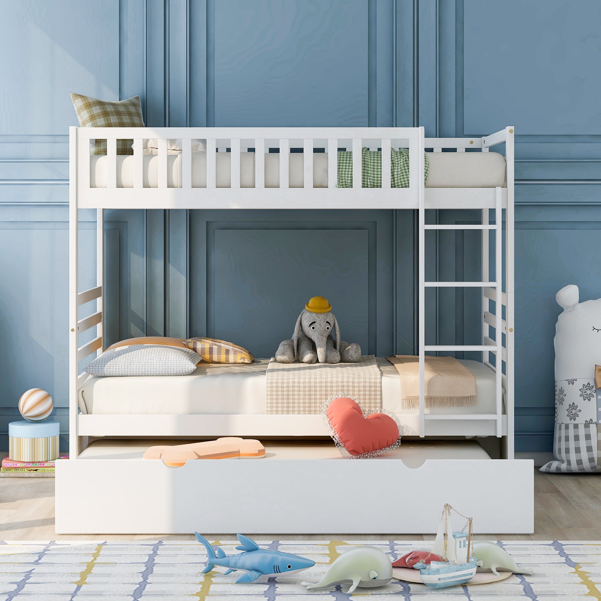 Royard Oaktree Twin over Twin Bunk Beds with Trundle Wood Bunk Bed Frame with Ladder and Guardrails, No Box Spring Needed