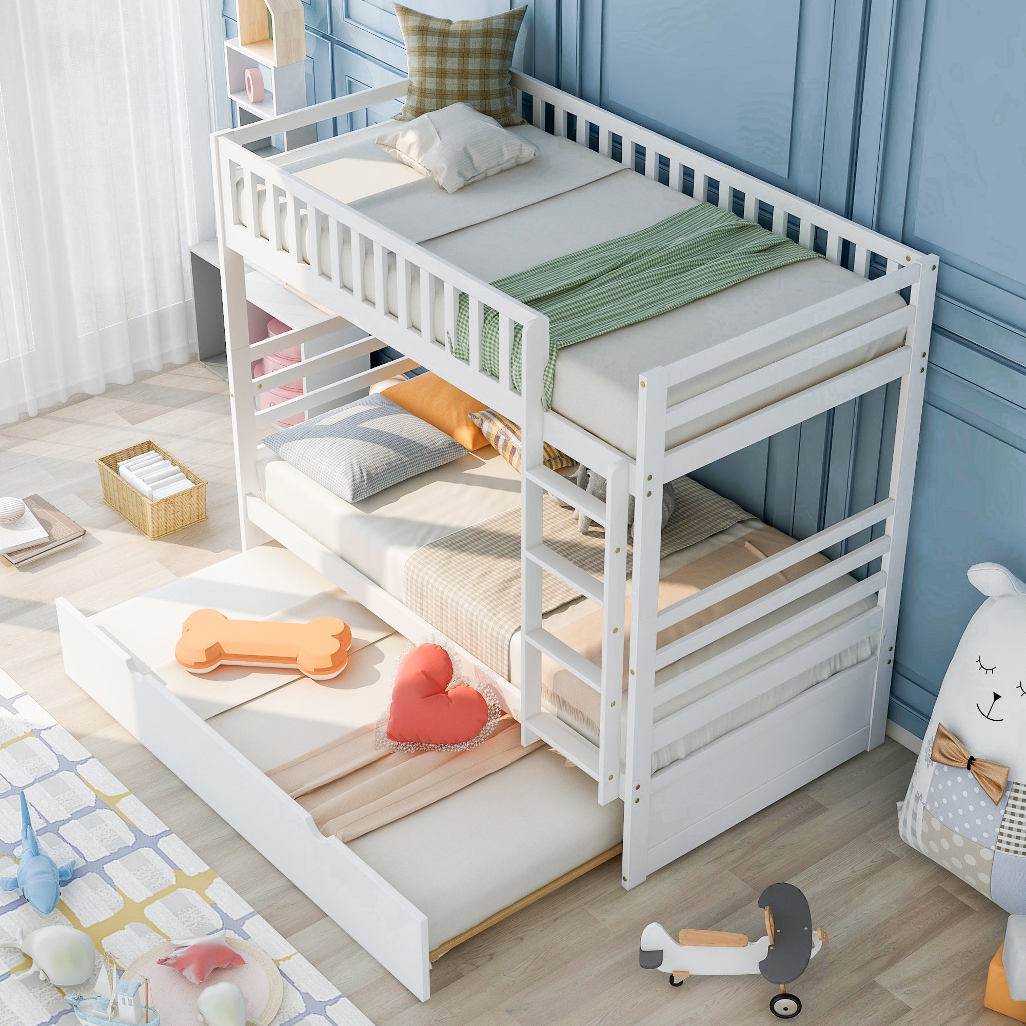 Royard Oaktree Twin over Twin Bunk Beds with Trundle Wood Bunk Bed Frame with Ladder and Guardrails, No Box Spring Needed