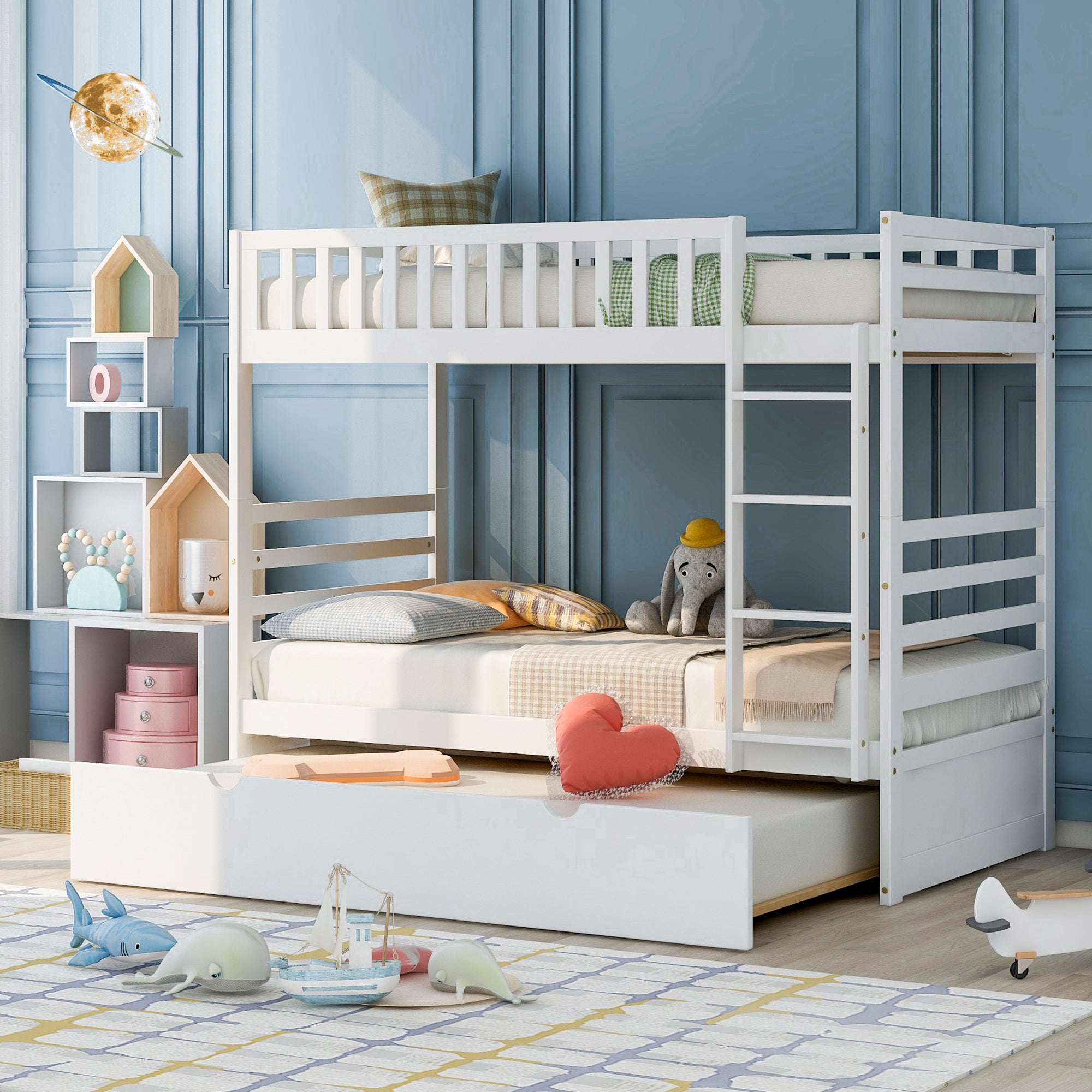 Royard Oaktree Twin over Twin Bunk Beds with Trundle Wood Bunk Bed Frame with Ladder and Guardrails, No Box Spring Needed