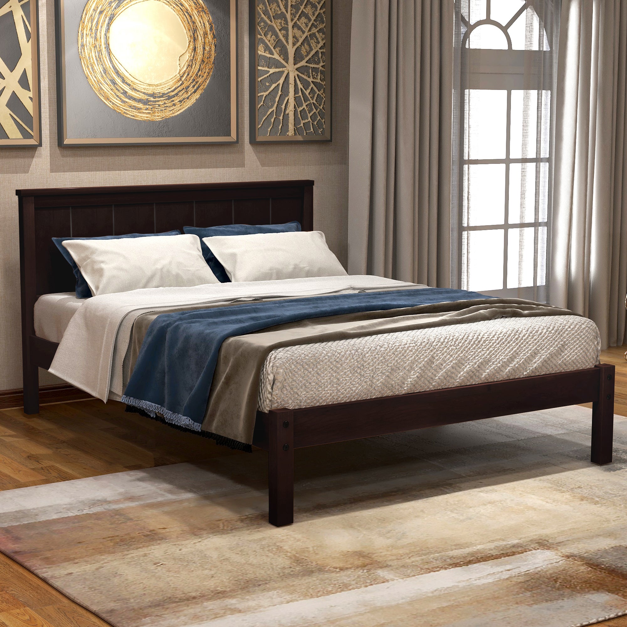 Royard Oaktree Platform Bed Frame with Headboard, Wood Slat Support, No Box Spring Needed, Espresso