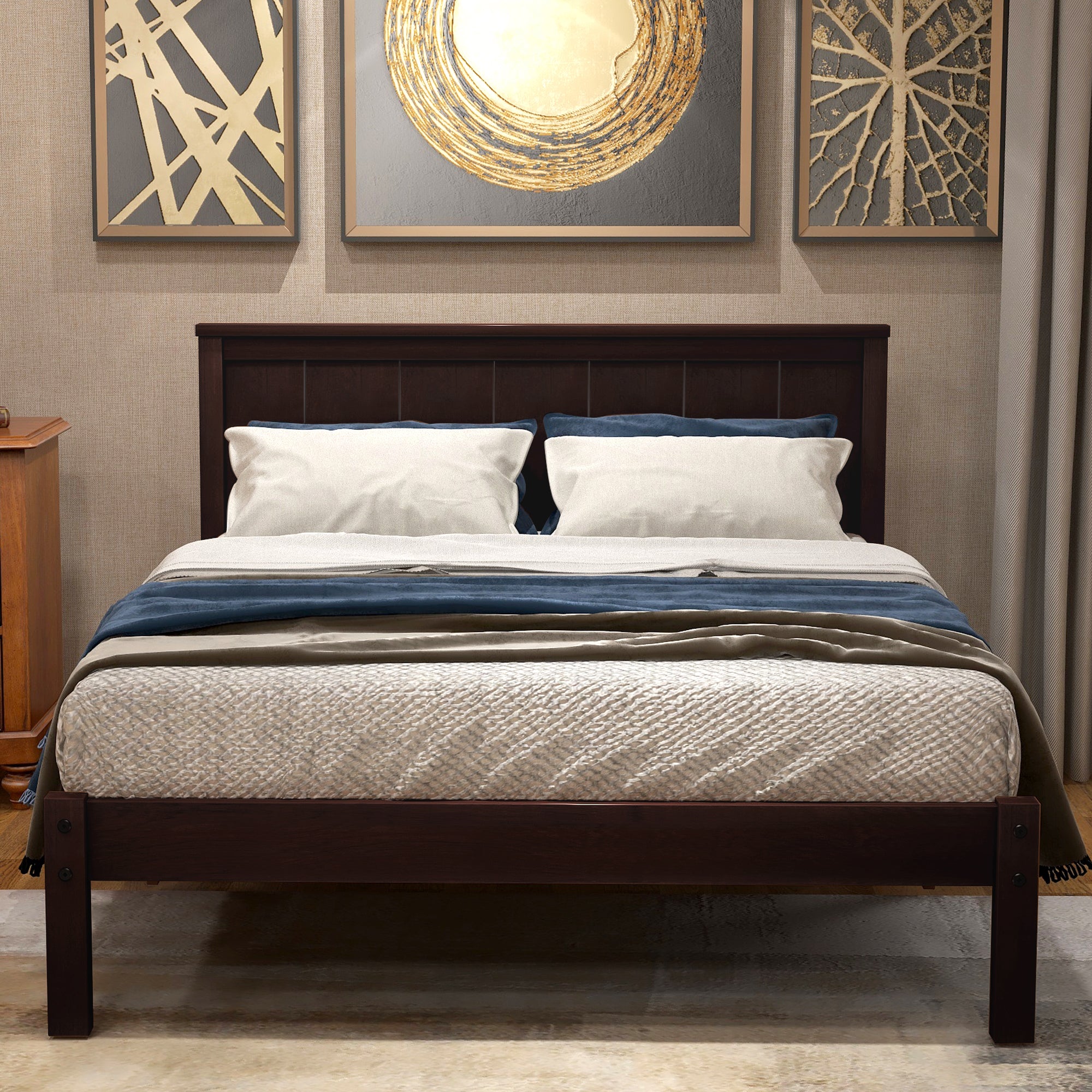 Royard Oaktree Platform Bed Frame with Headboard, Wood Slat Support, No Box Spring Needed, Espresso