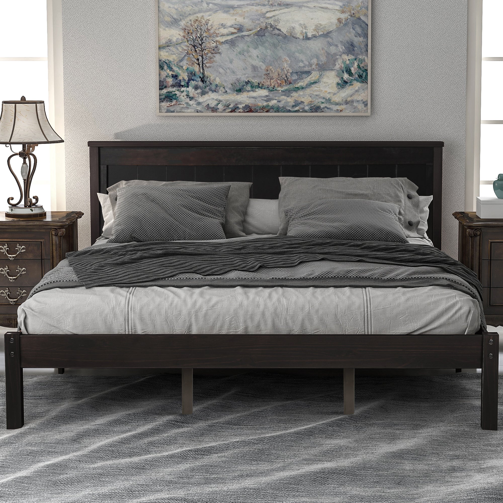 Royard Oaktree Platform Bed Frame with Headboard, Wood Slat Support, No Box Spring Needed, Espresso