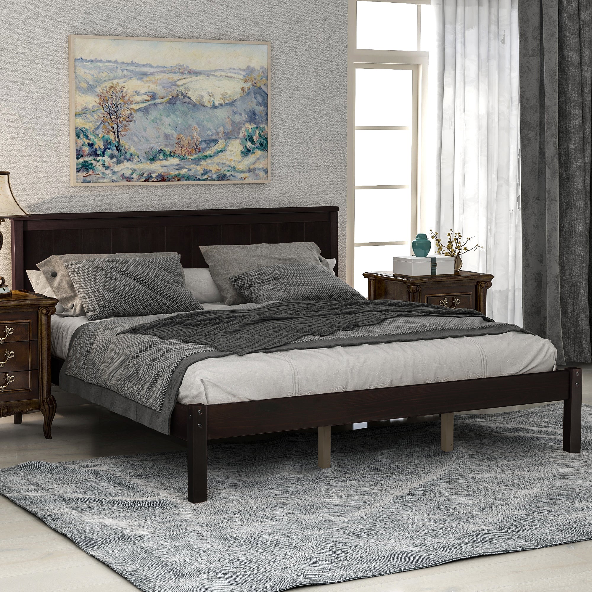 Royard Oaktree Platform Bed Frame with Headboard, Wood Slat Support, No Box Spring Needed, Espresso