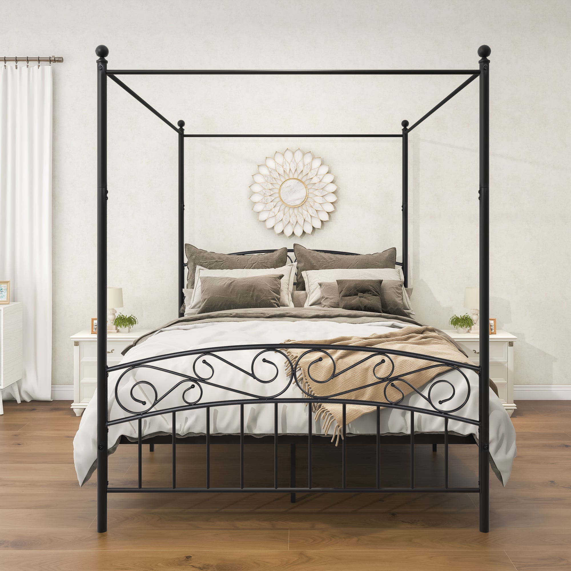 Royard Oaktree Queen Size Metal Canopy Bed Frame with Ornate European Style Headboard & Footboard Sturdy Steel H/Under-Bed Storage Space/No Box Spring Needed/Black