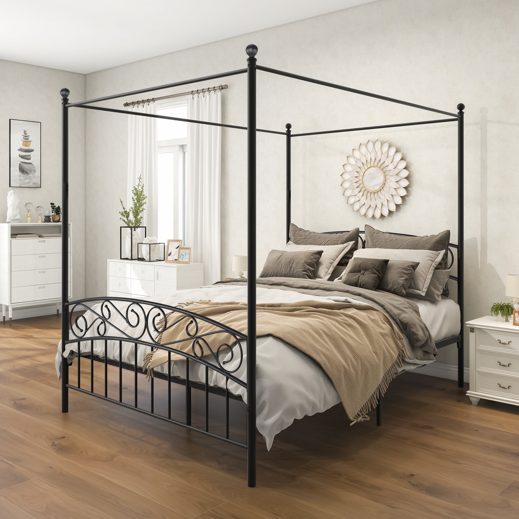 Royard Oaktree Queen Size Metal Canopy Bed Frame with Ornate European Style Headboard & Footboard Sturdy Steel H/Under-Bed Storage Space/No Box Spring Needed/Black