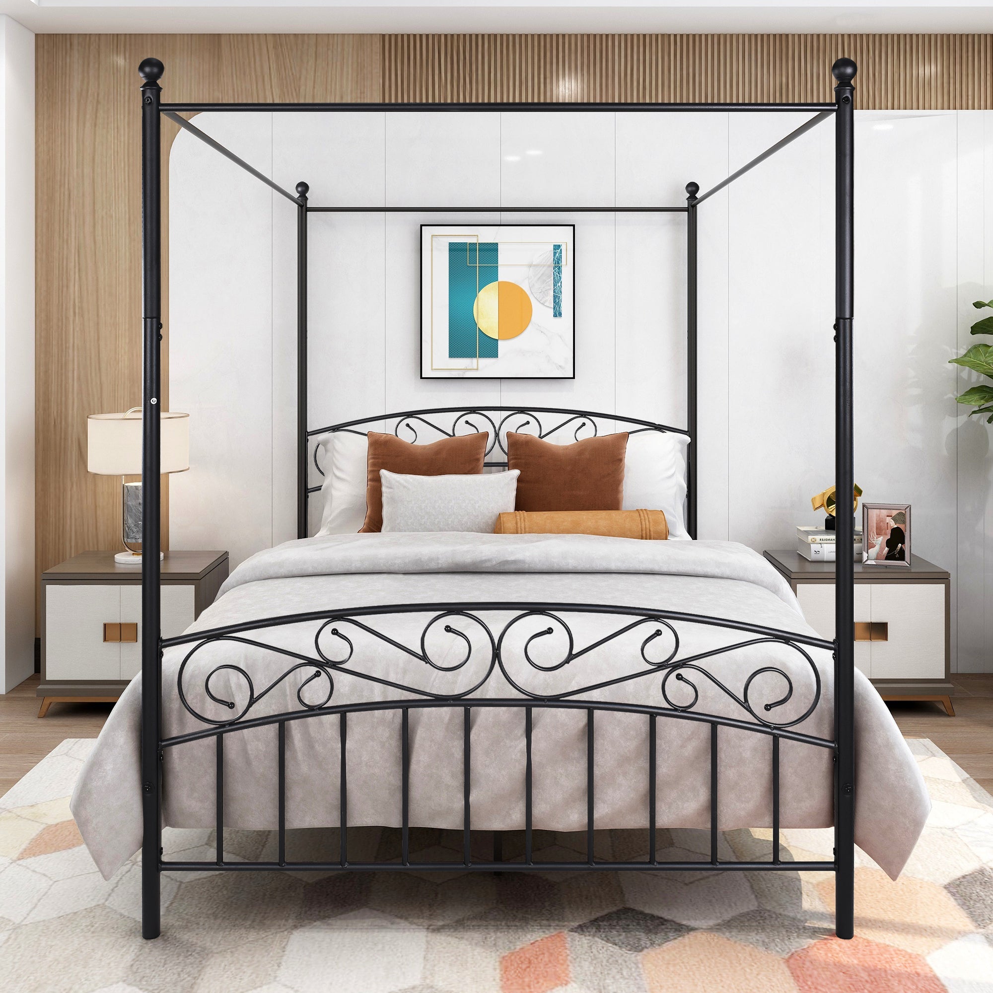 Royard Oaktree Queen Size Metal Canopy Bed Frame with Ornate European Style Headboard & Footboard Sturdy Steel H/Under-Bed Storage Space/No Box Spring Needed/Black