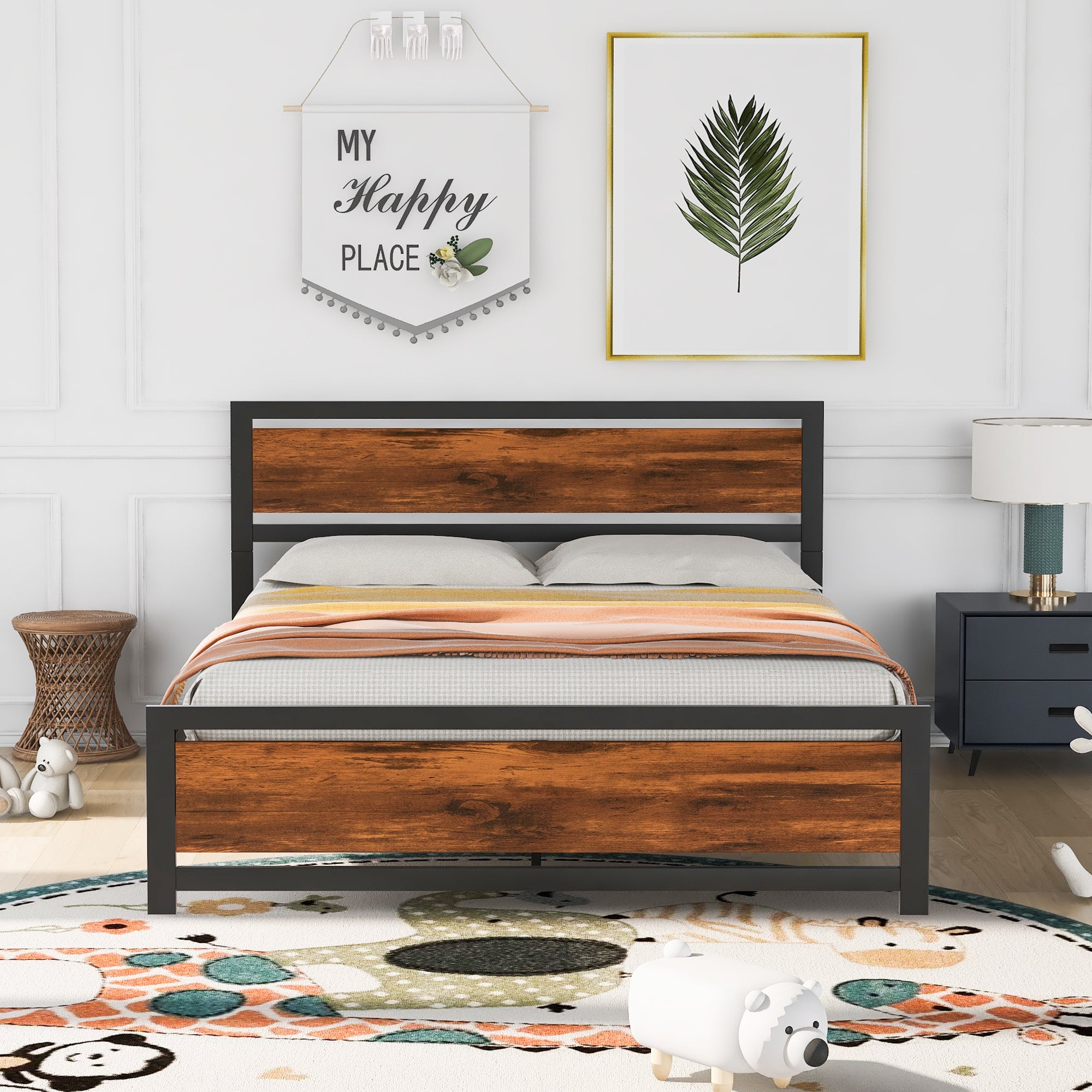 Royard Oaktree Metal and Wood Bed Frame with Headboard and Footboard, Platform Bed, No Box Spring Needed, Easy to Assemble(Black)