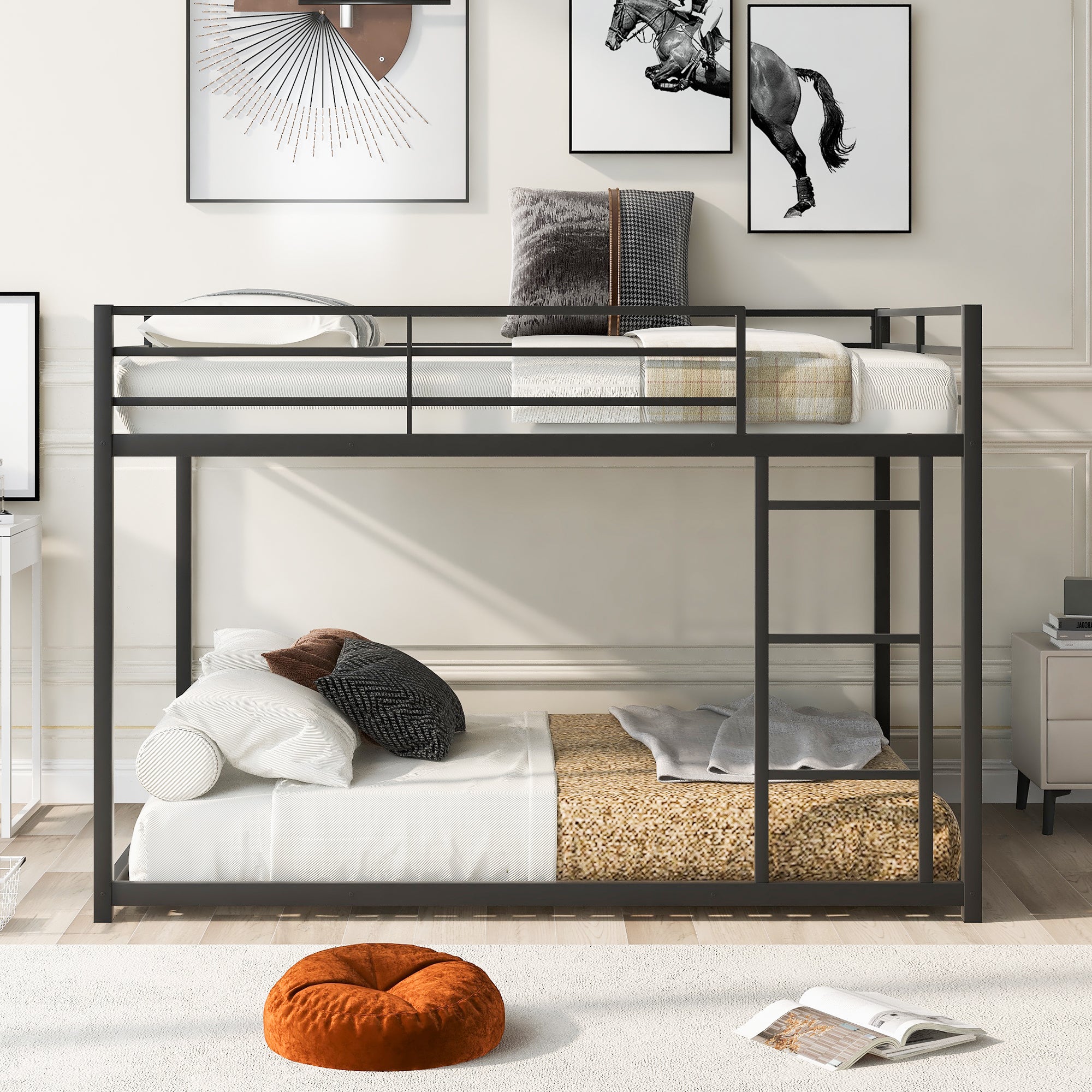 Royard Oaktree Full over Full Metal Bunk Bed with Ladder and Guardrails Modern Low Bunk Bed Frame with Metal Slats, No Box Spring Needed