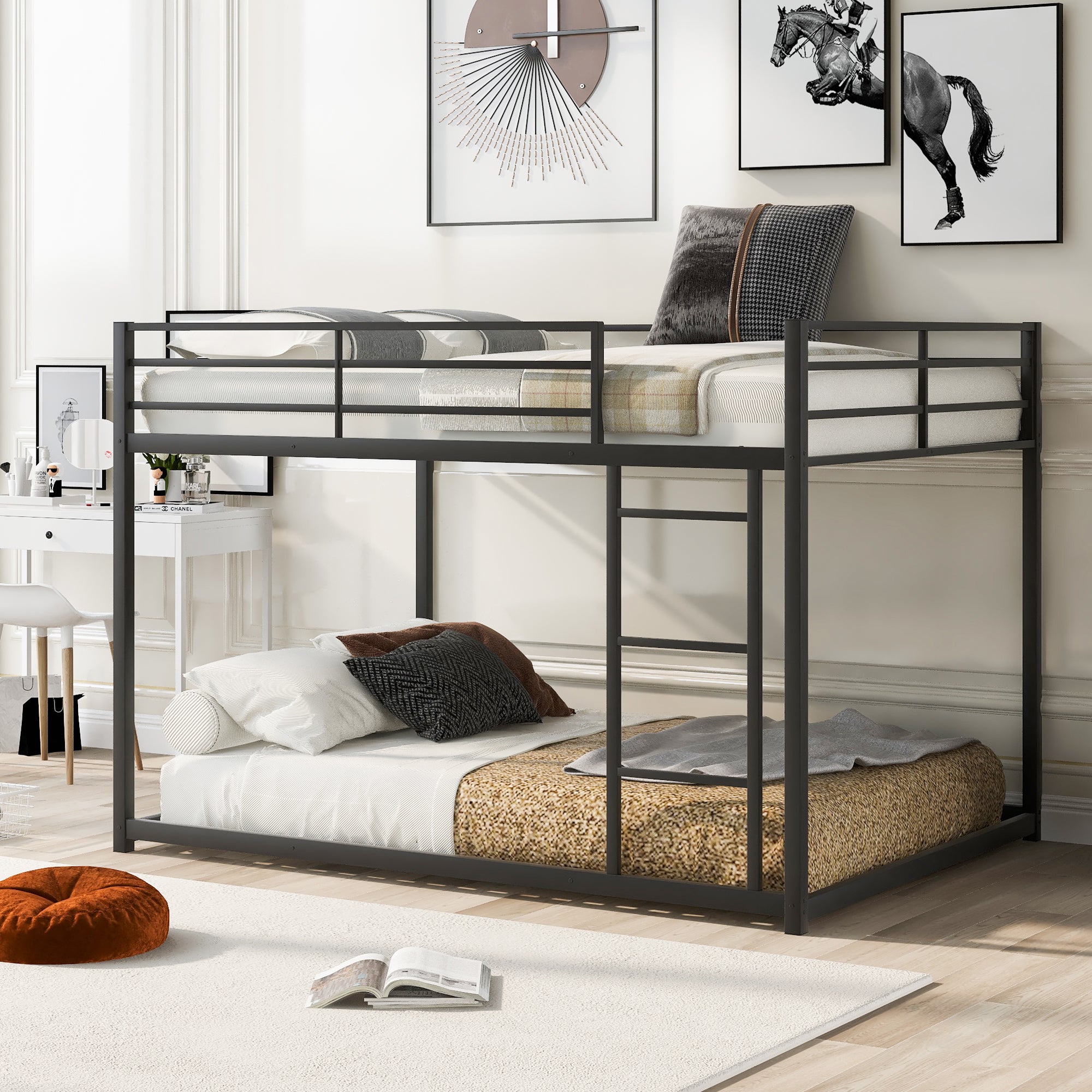 Royard Oaktree Full over Full Metal Bunk Bed with Ladder and Guardrails Modern Low Bunk Bed Frame with Metal Slats, No Box Spring Needed