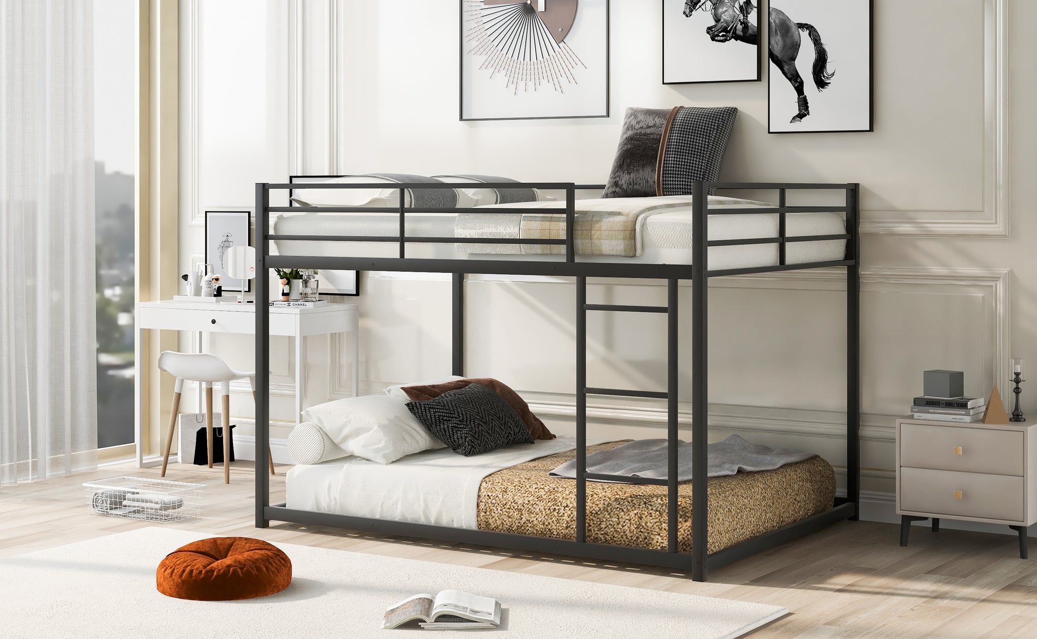 Royard Oaktree Full over Full Metal Bunk Bed with Ladder and Guardrails Modern Low Bunk Bed Frame with Metal Slats, No Box Spring Needed