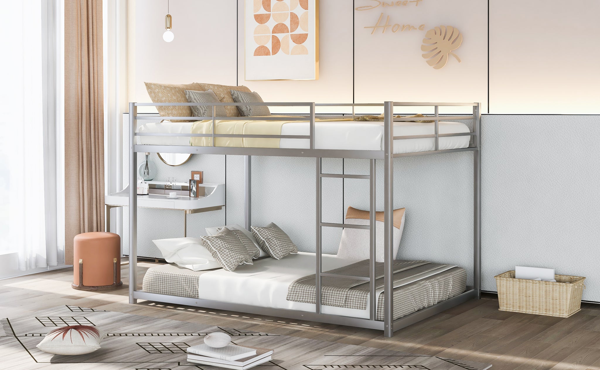 Royard Oaktree Full over Full Metal Bunk Bed with Ladder and Guardrails Modern Low Bunk Bed Frame with Metal Slats, No Box Spring Needed