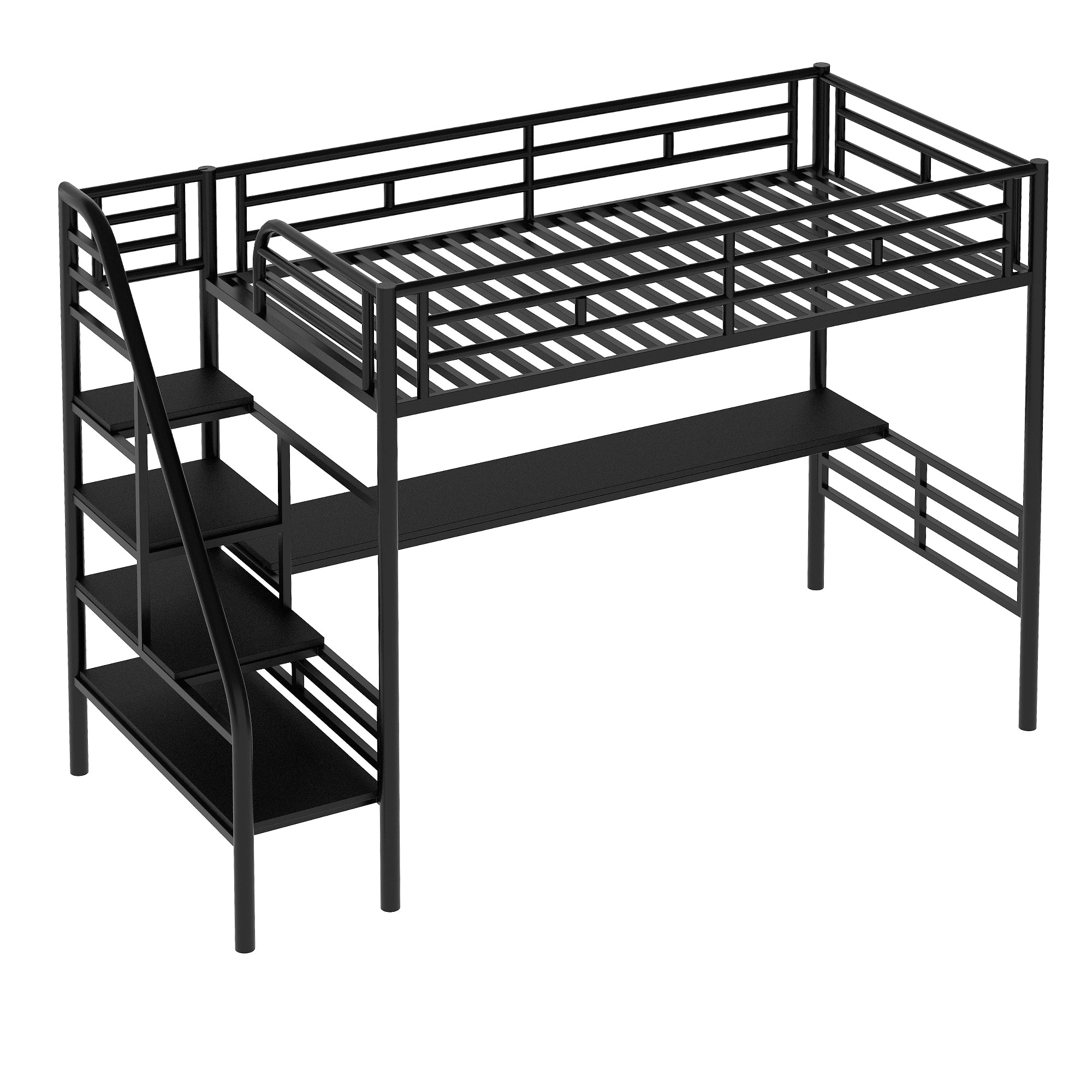 Royard Oaktree Metal Loft Bed Frame with Desk, No Box Spring Needed, Twin, Black