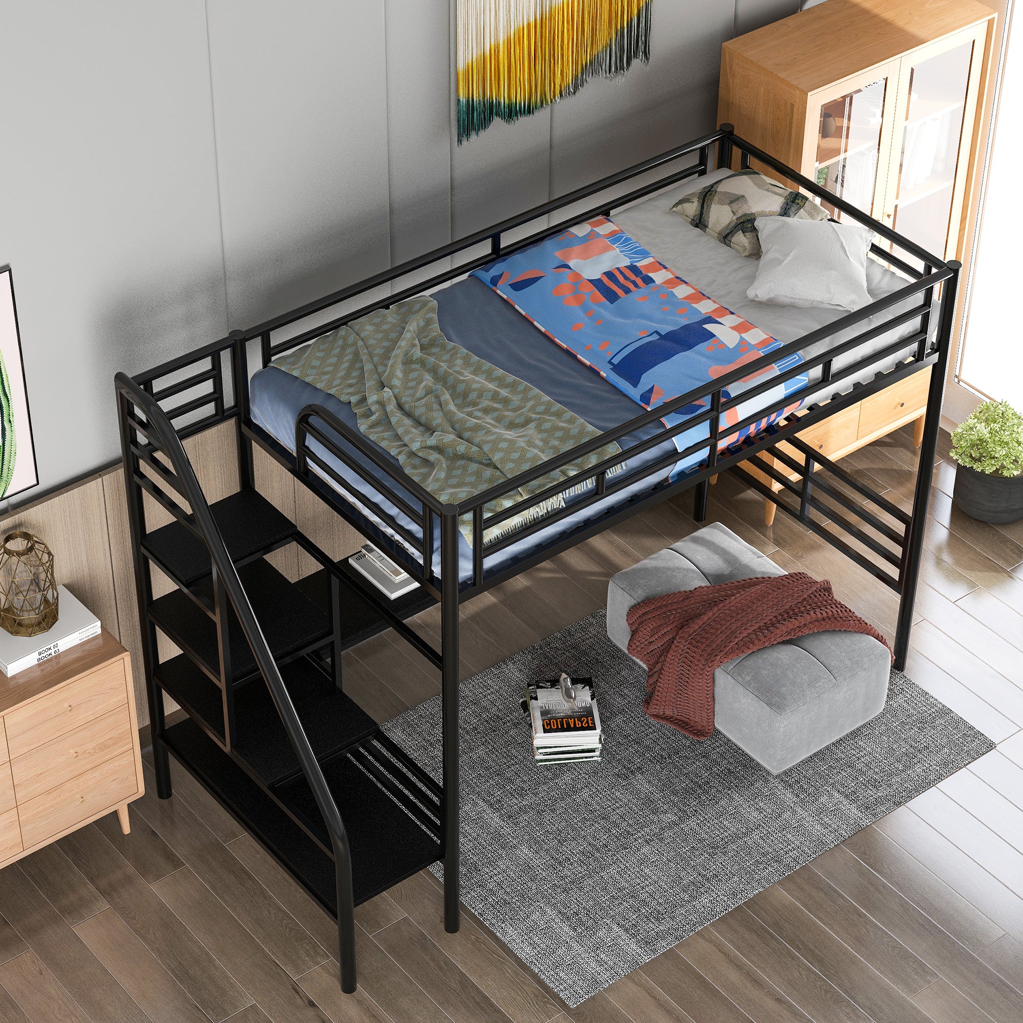 Royard Oaktree Metal Loft Bed Frame with Desk, No Box Spring Needed, Twin, Black