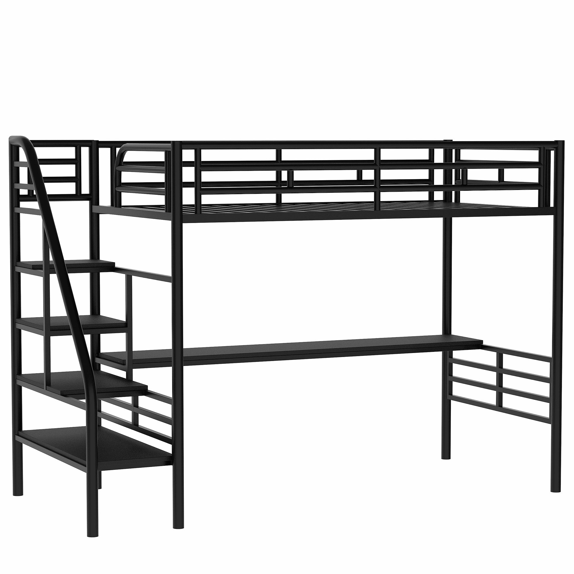 Royard Oaktree Metal Loft Bed Frame with Desk, No Box Spring Needed, Twin, Black