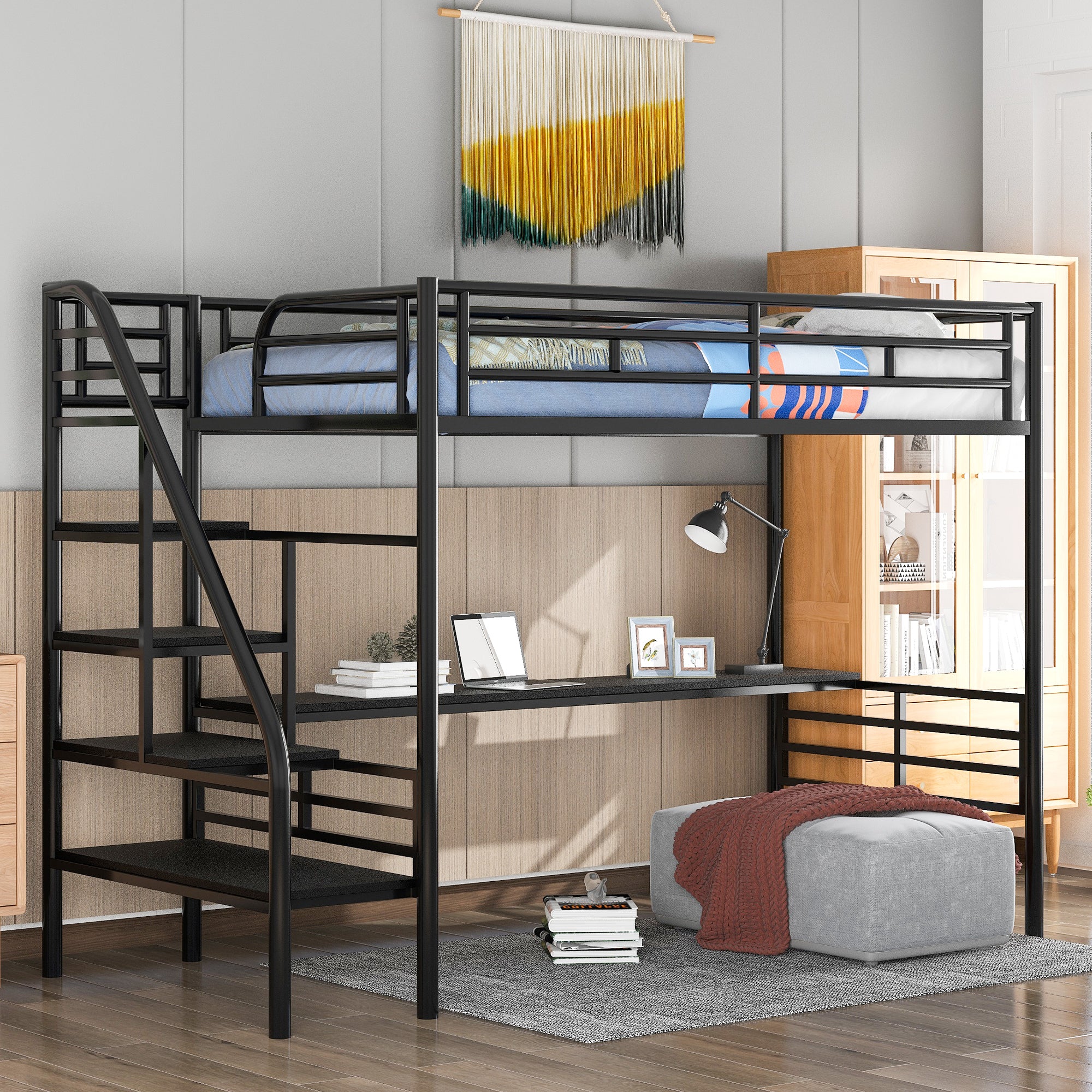 Royard Oaktree Metal Loft Bed Frame with Desk, No Box Spring Needed, Twin, Black