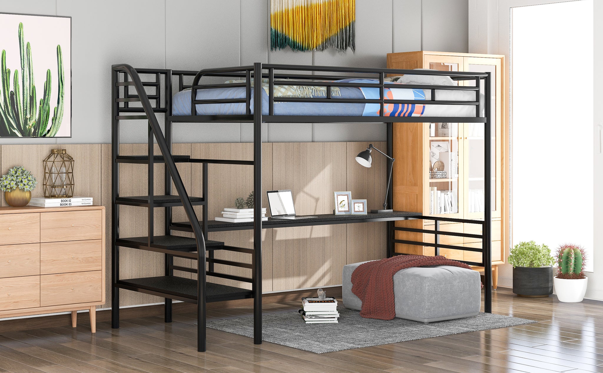 Royard Oaktree Metal Loft Bed Frame with Desk, No Box Spring Needed, Twin, Black